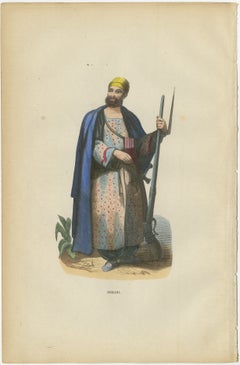 Antique Durrani Afghan Warrior Print, Hand-Colored Costume Lithograph￼ 1852