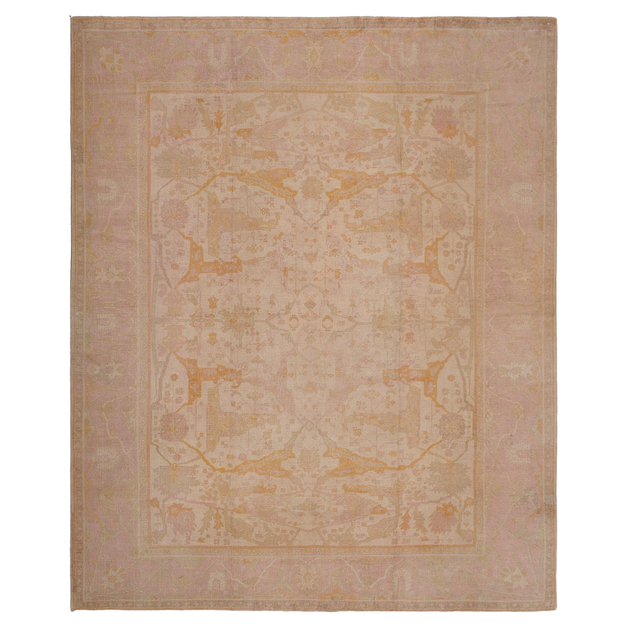 Ancien tapis authentique d'Oushak d'Anatolie, rose poussière