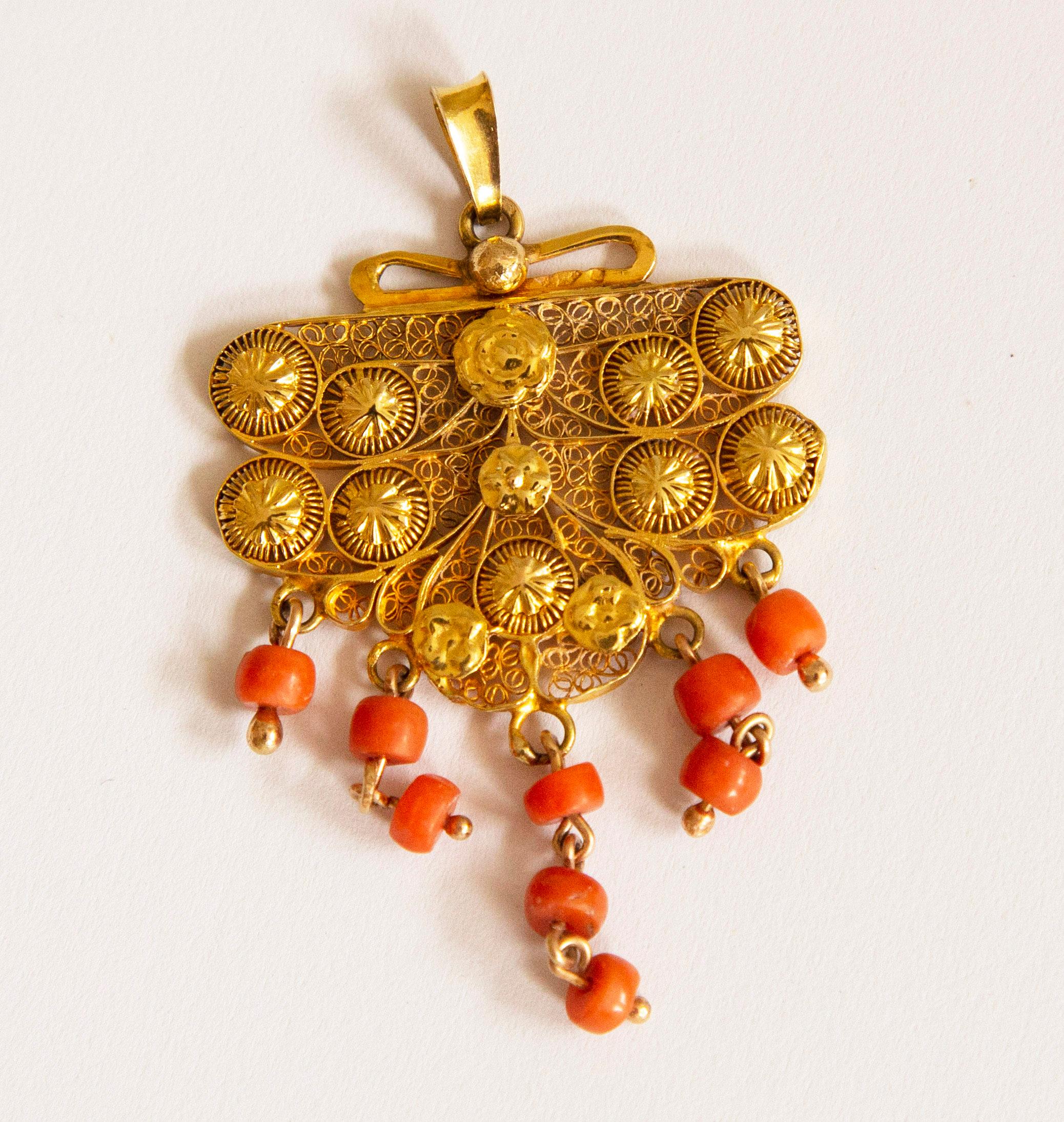 Bead Antique Dutch 14 Karat and Red Coral Filigree Pendant  For Sale