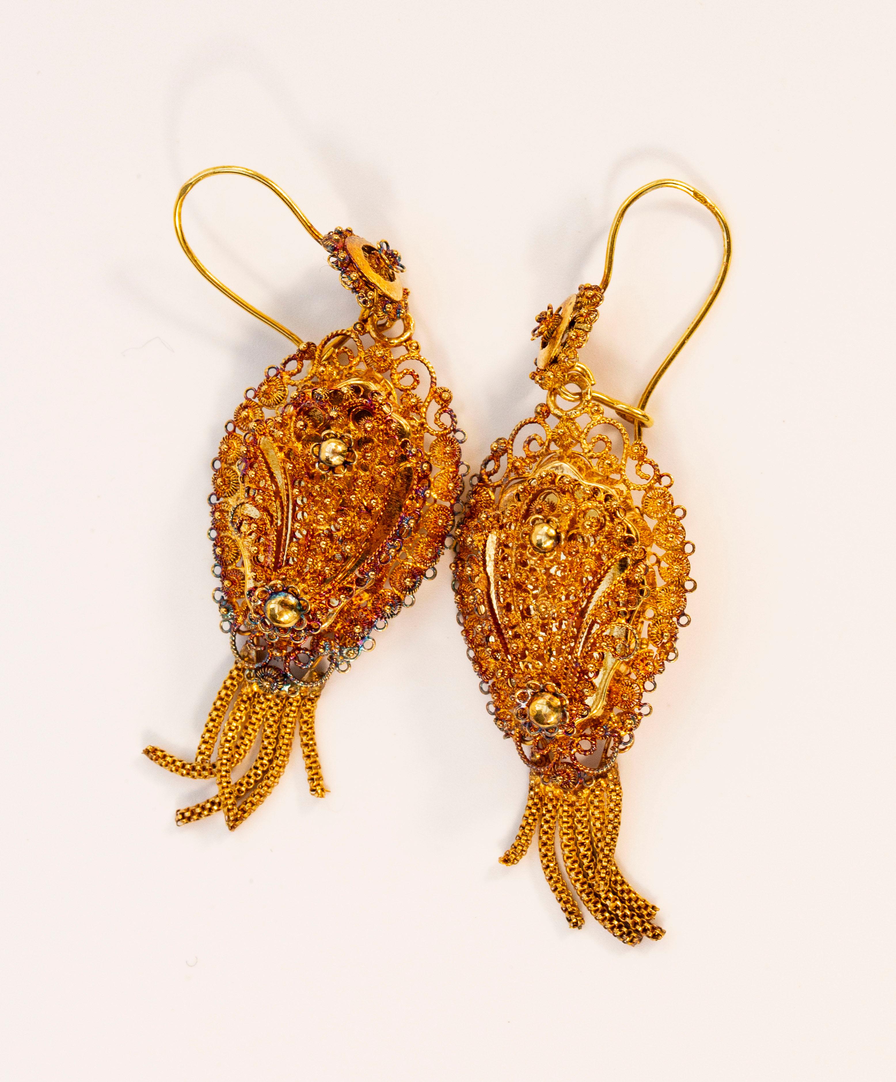 Women's or Men's Antique Dutch 14 Karat Yellow Gold Pair of Earrings  For Sale