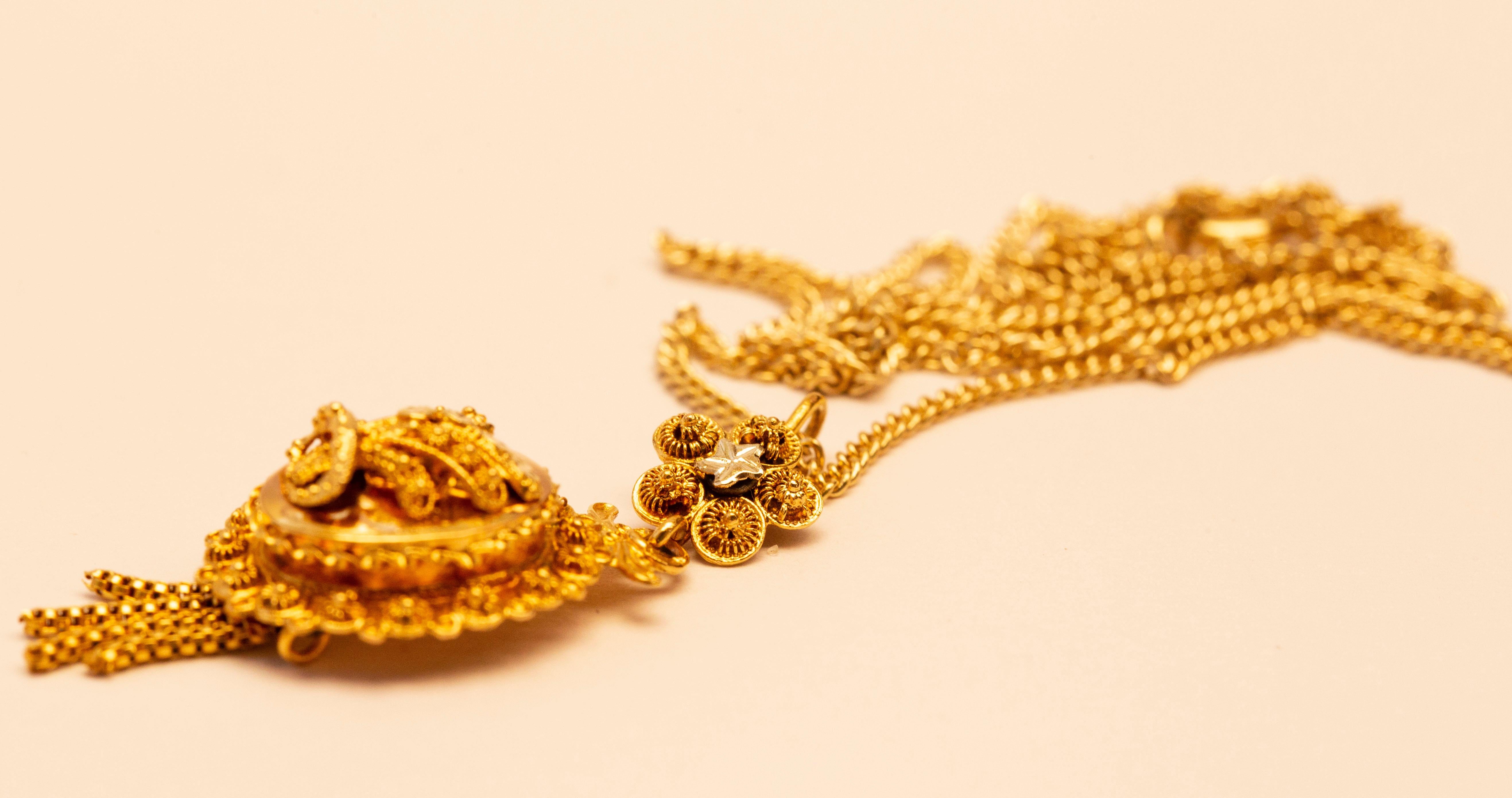Edwardian Antique Dutch 14 Karat Yellow Gold Pendant On a 14 Karat Gold Link Necklace