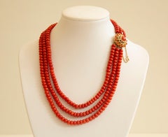Antique Dutch 3-Row Red Coral Necklace Choker with Filigree 14 Karat Gold Clasp