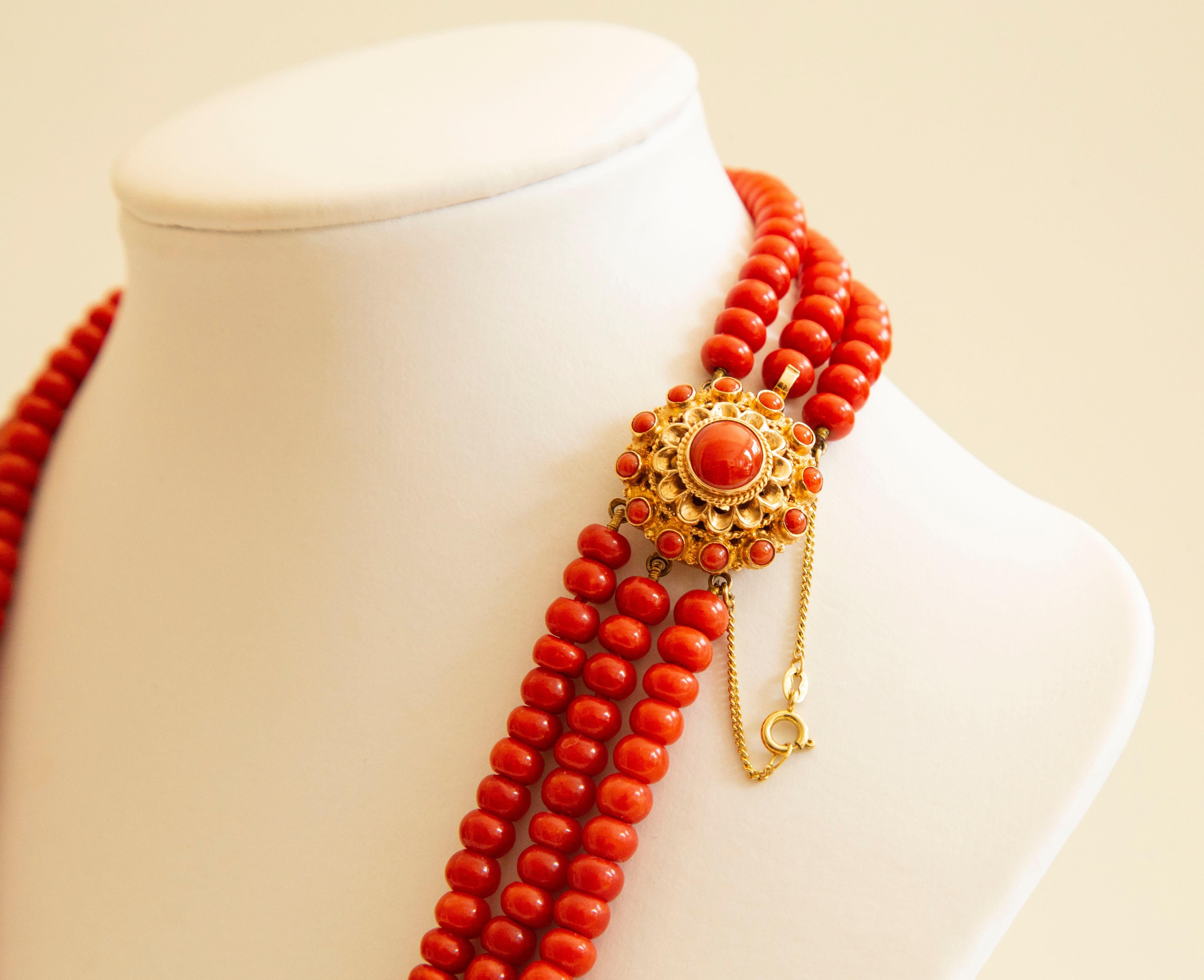 Bead Antique Dutch 3-Row Red Coral Necklace Choker with Filigree 14 Karat Gold Clasp For Sale