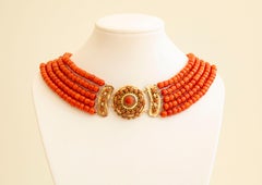 Antique Dutch 5-Row Red Coral Necklace with 14 Krt Yellow Gold Filigree Closure