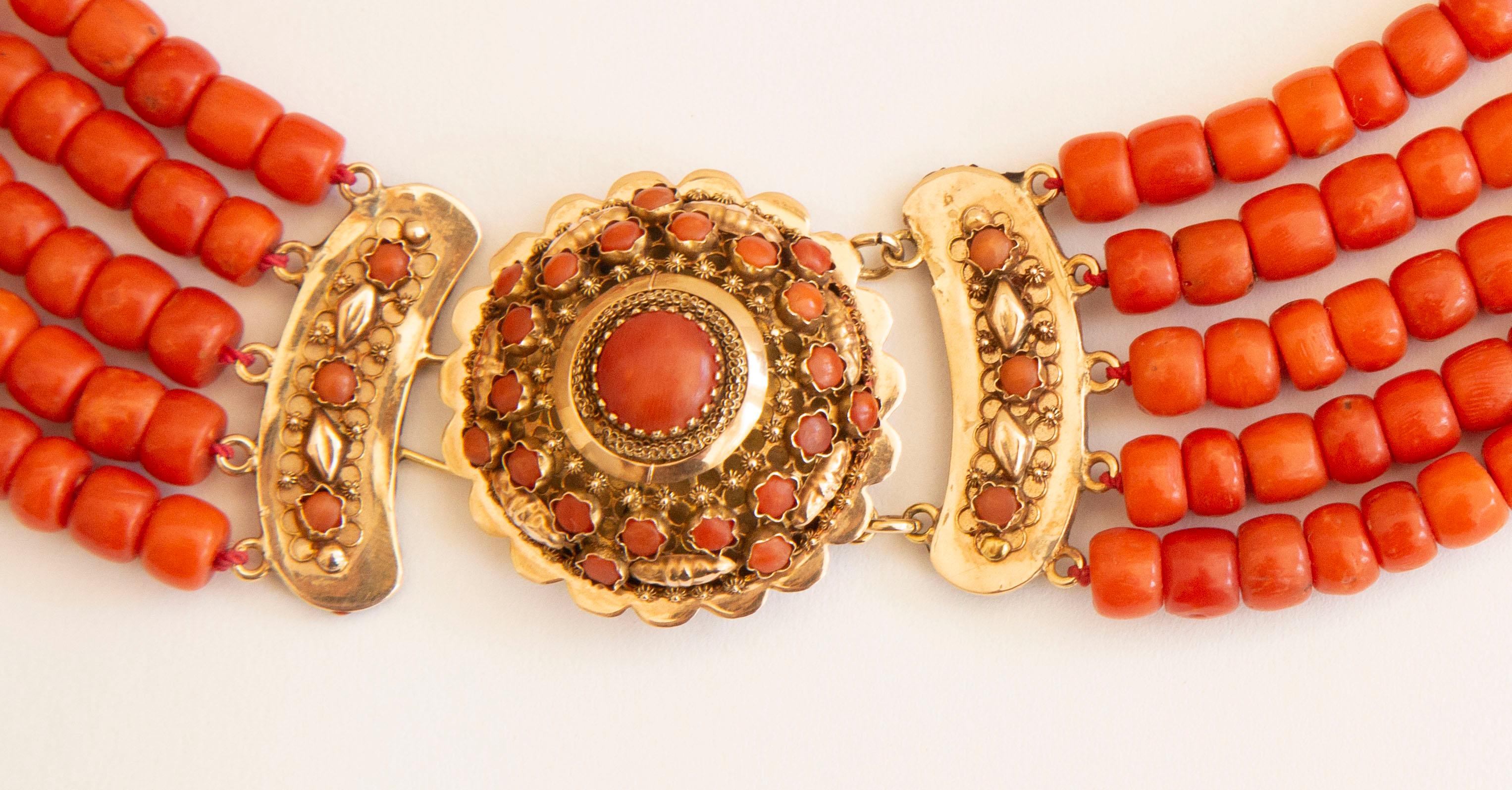 Bead Antique Dutch 5-Row Red Coral Necklace with 14 Krt Yellow Gold Filigree Closure For Sale