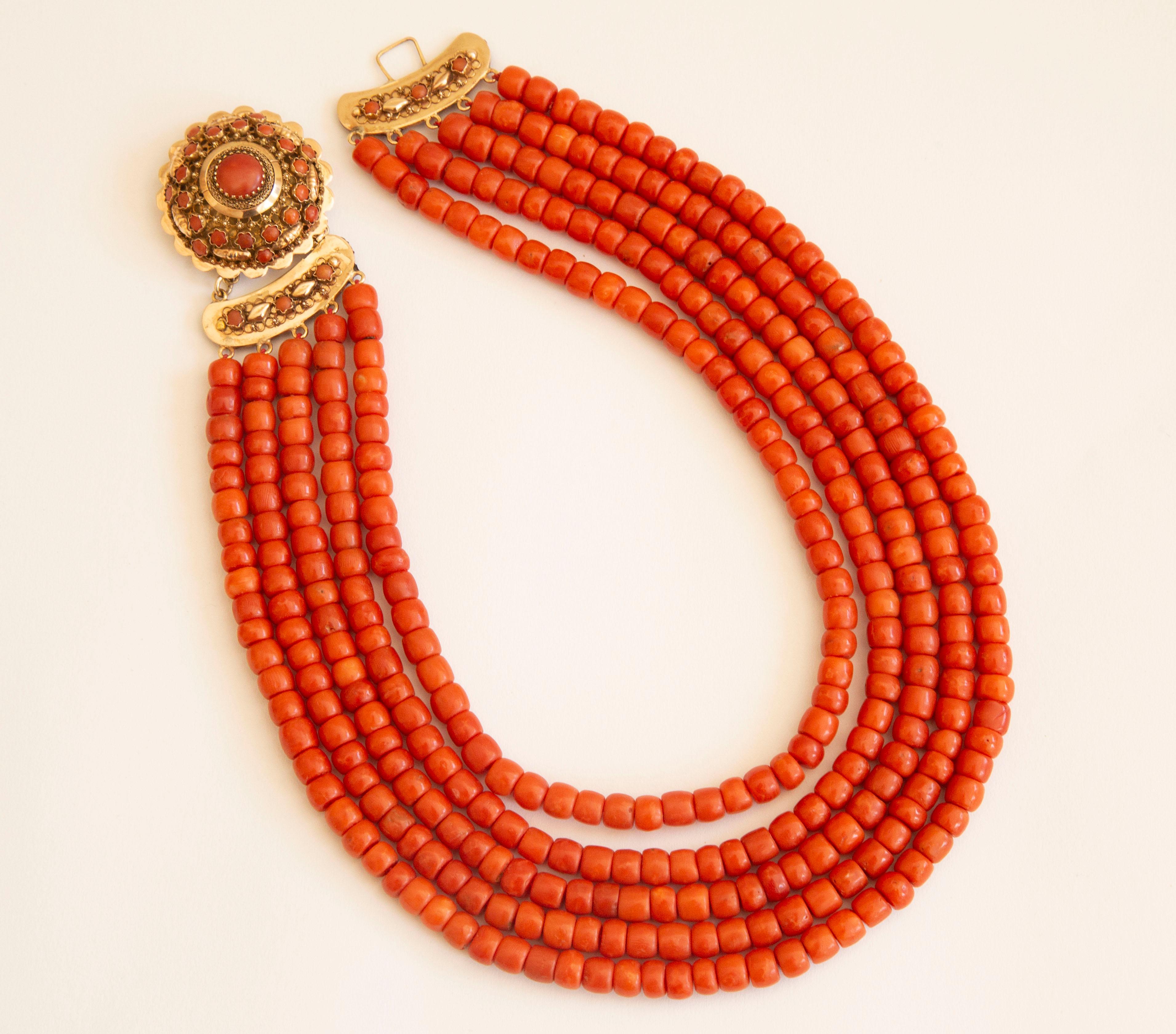 Women's Antique Dutch 5-Row Red Coral Necklace with 14 Krt Yellow Gold Filigree Closure For Sale