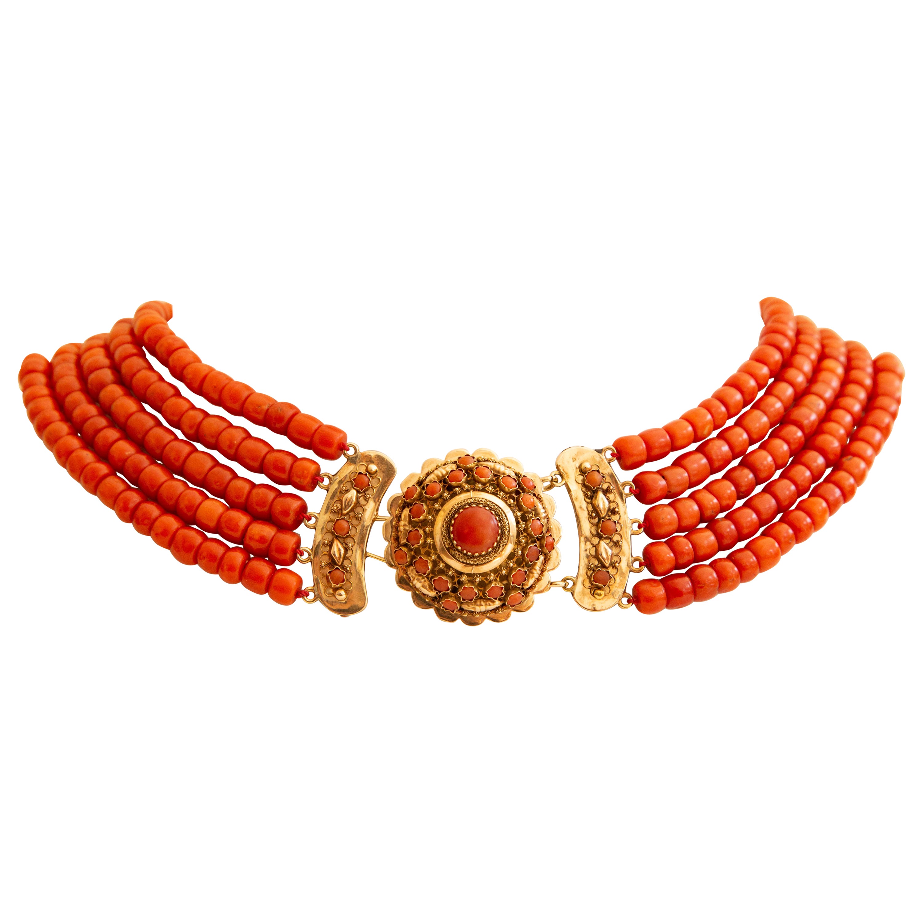 Collar Antiguo Holandés de 5 Filas de Coral Rojo con Cierre de Filigrana de Oro Amarillo de 14 Kt