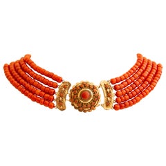 Collier néerlandais ancien en corail rouge à 5 rangées avec fermeture en filigrane en or jaune 14 carats
