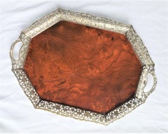 Antique Dutch .833 Silver & Walnut Serving Tray with Pierced Floral Decoration