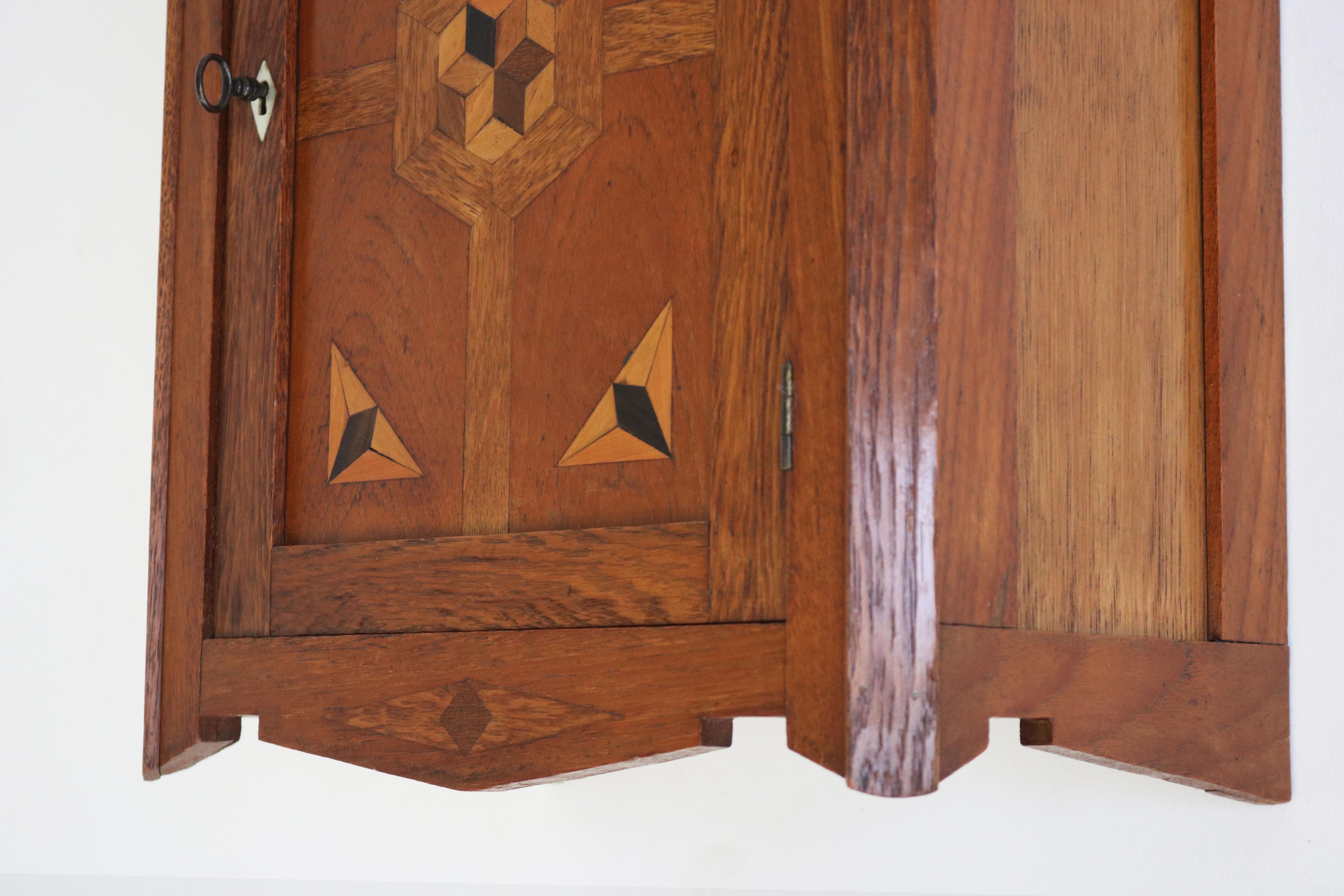 Antique Dutch Amsterdam School Wall Cabinet 1920 Wood Inlay Arts & Crafts Oak 3