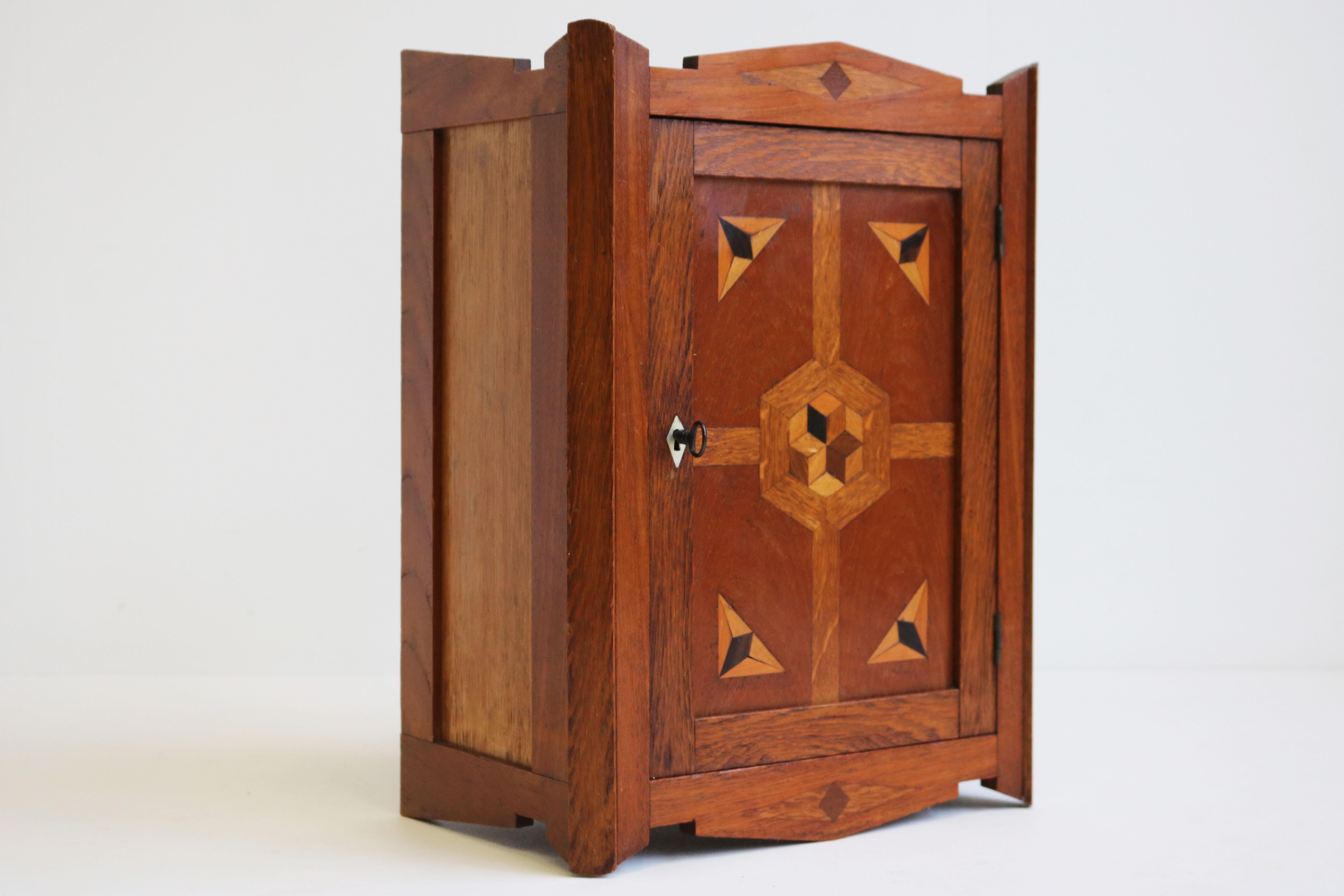 Arts and Crafts Antique Dutch Amsterdam School Wall Cabinet 1920 Wood Inlay Arts & Crafts Oak