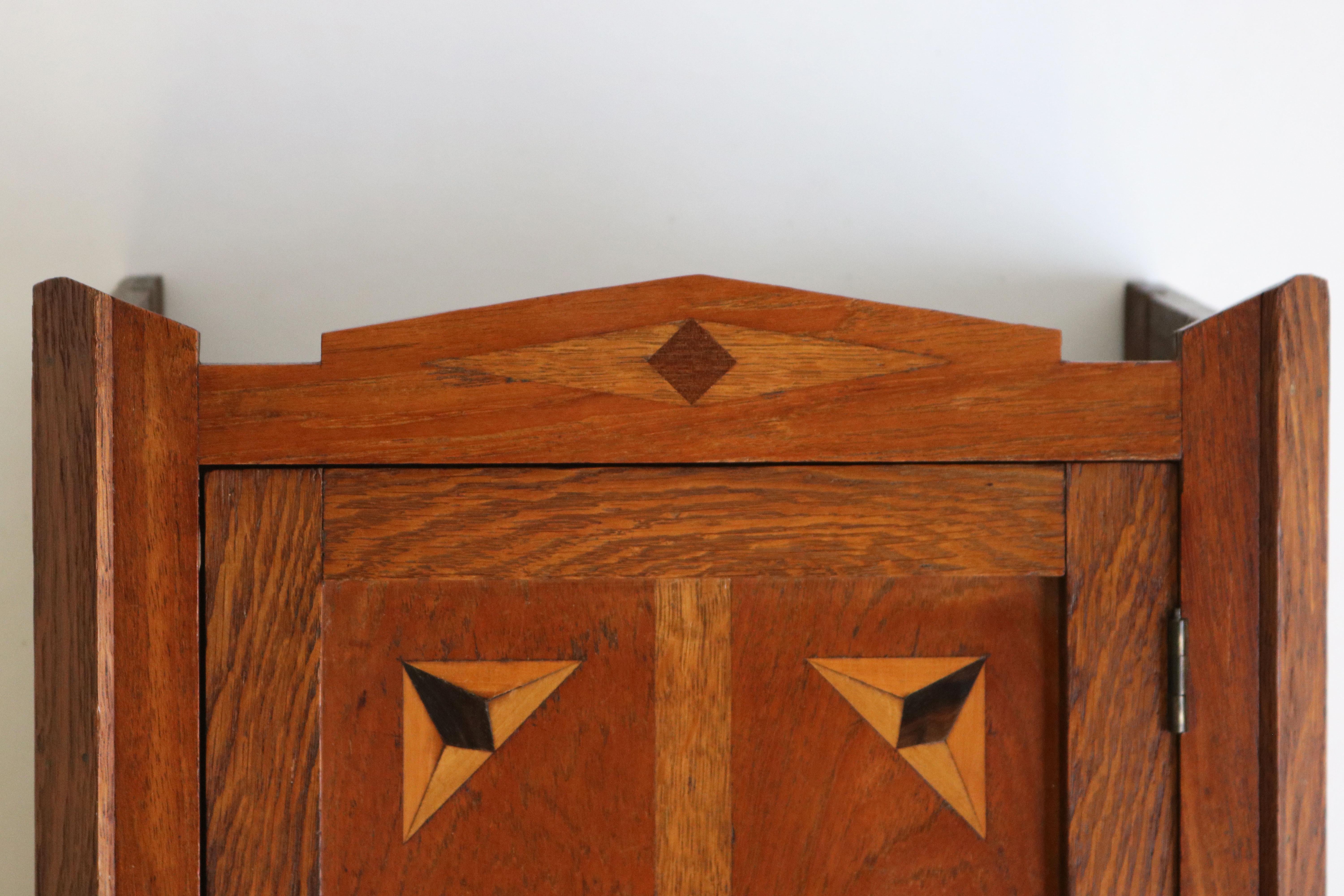 Antique Dutch Amsterdam School Wall Cabinet 1920 Wood Inlay Arts & Crafts Oak 1