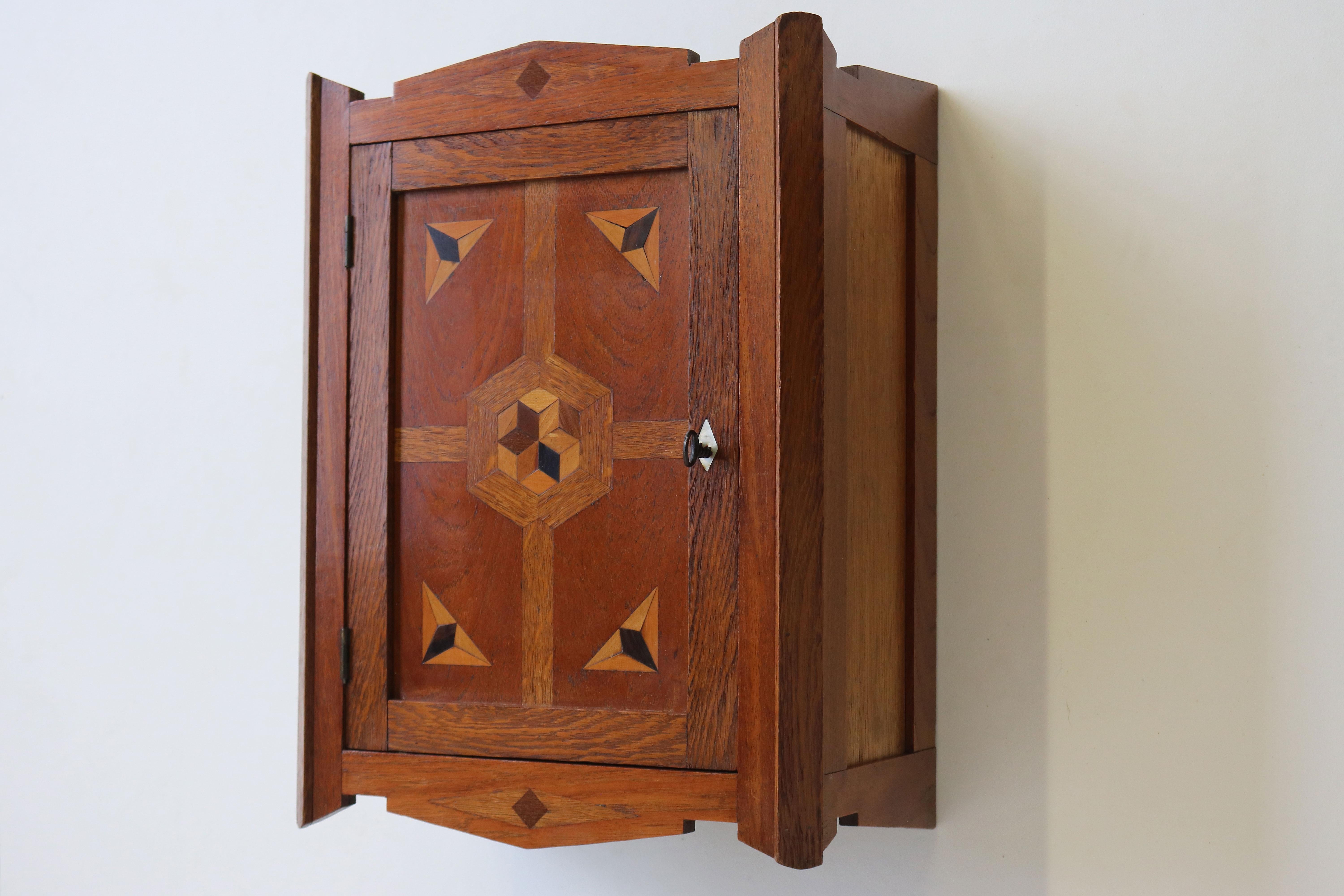Antique Dutch Amsterdam School Wall Cabinet 1920 Wood Inlay Arts & Crafts Oak 2