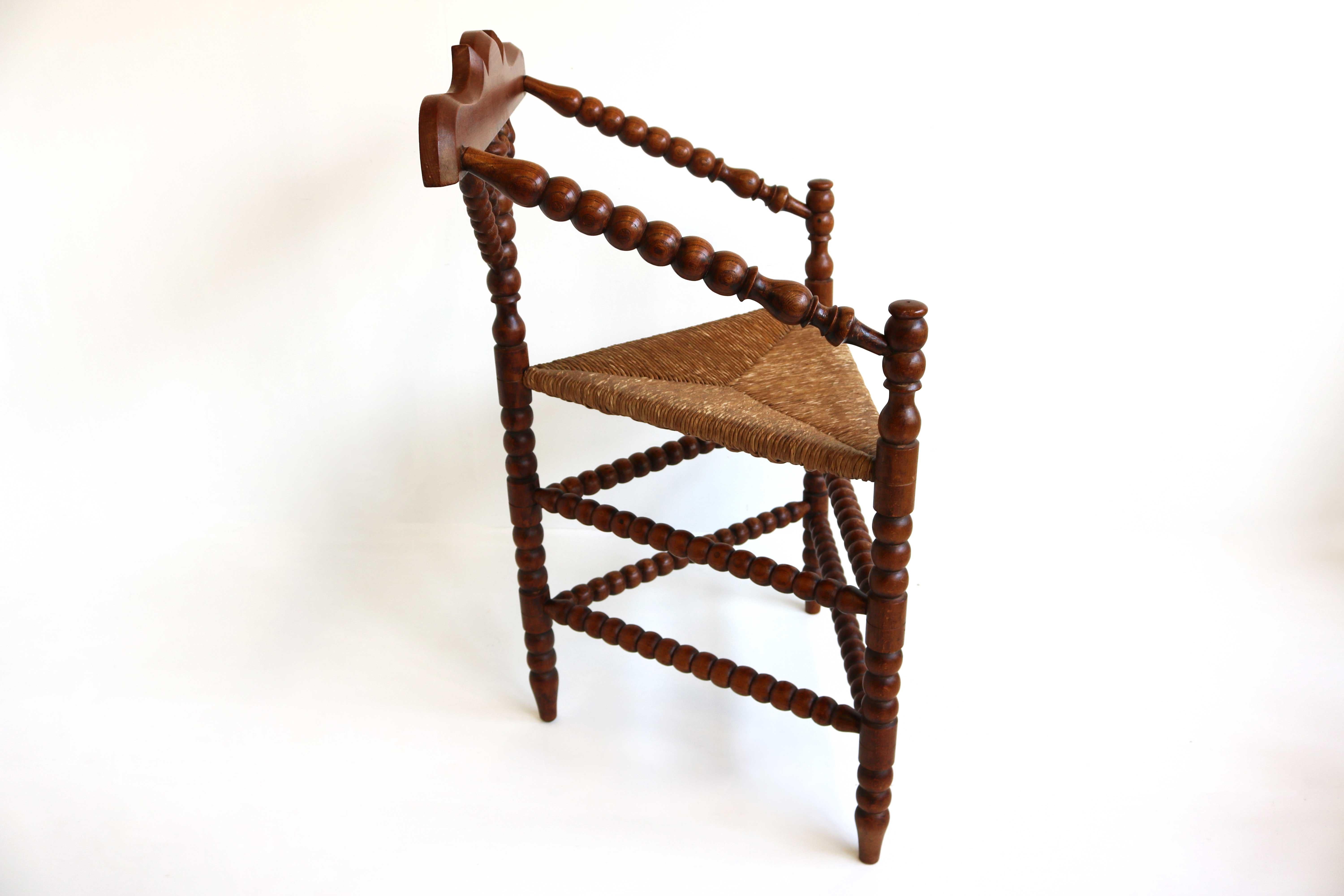 Antique Dutch Armchair Triangular Turned Bobbin Corner Chair Rush Seat Rustic For Sale 2