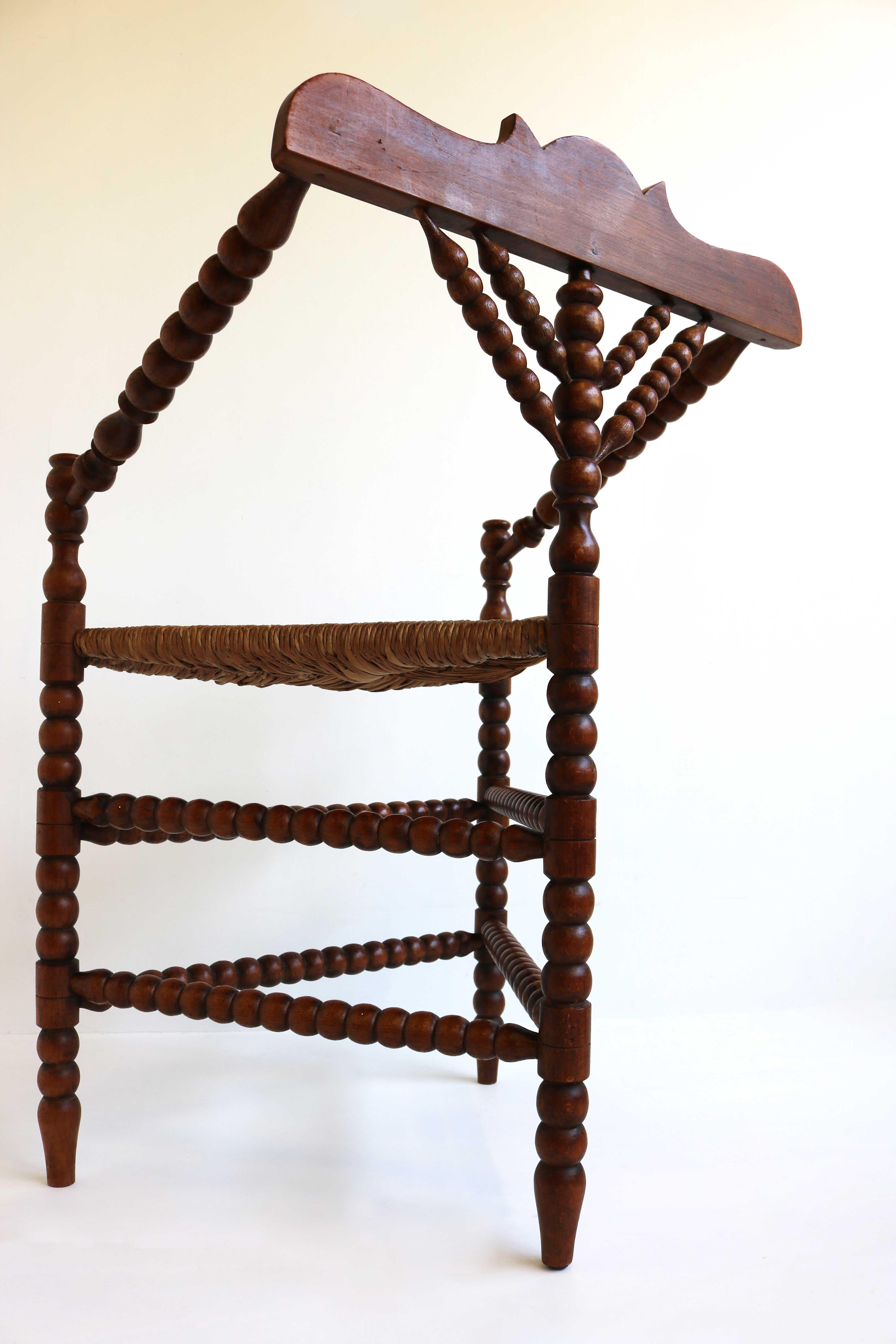 Antique Dutch Armchair Triangular Turned Bobbin Corner Chair Rush Seat Rustic For Sale 4