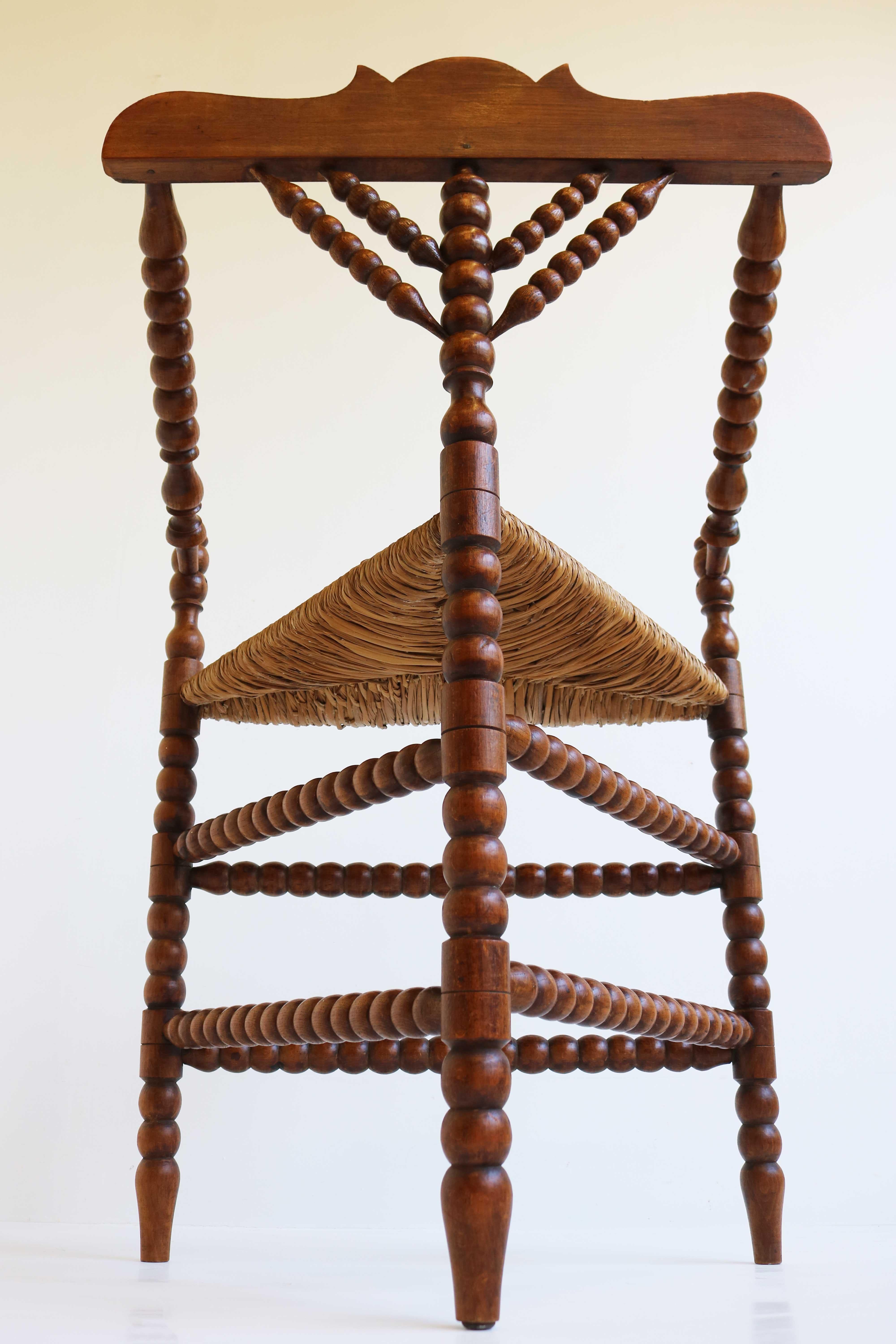 Antique Dutch Armchair Triangular Turned Bobbin Corner Chair Rush Seat Rustic For Sale 6