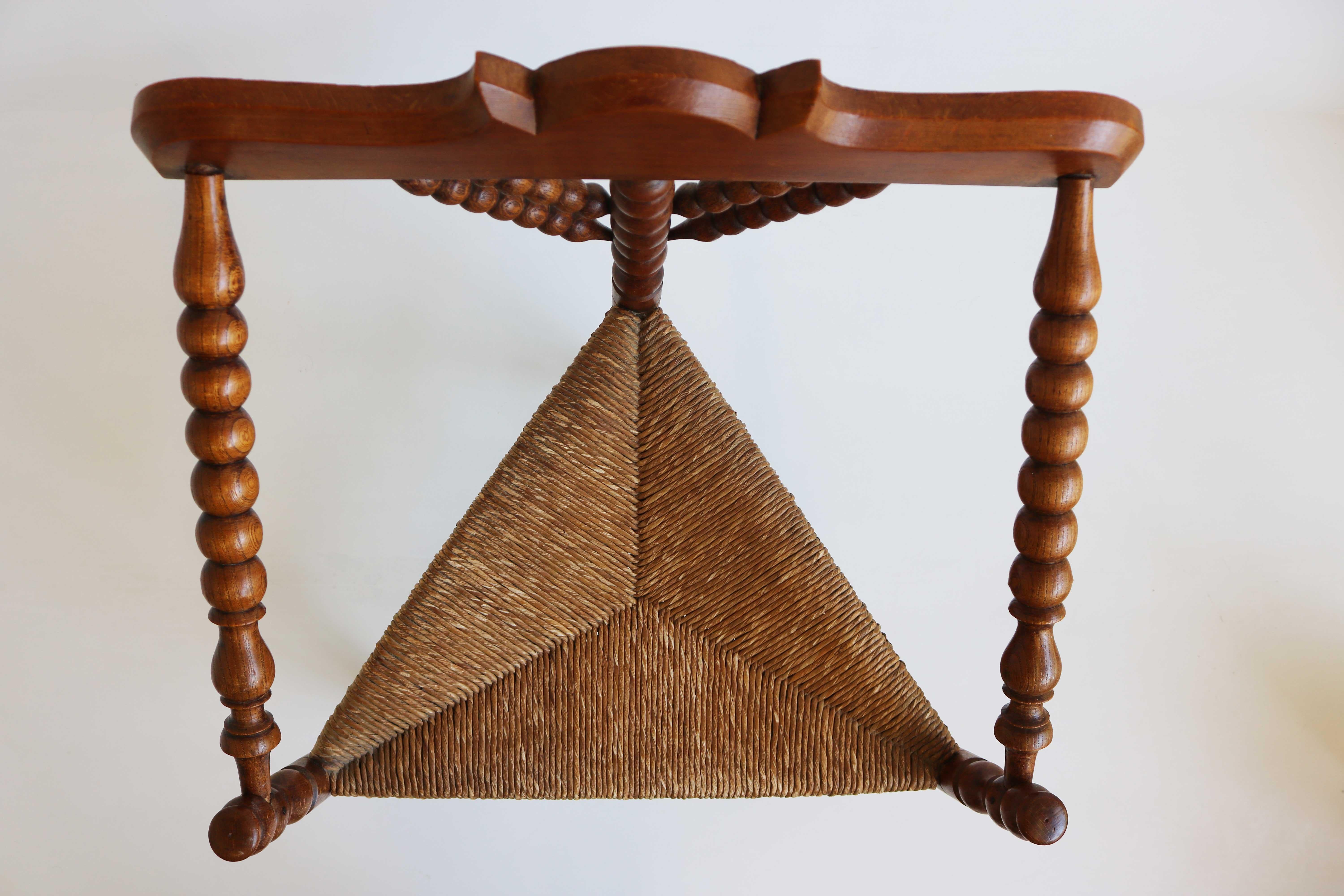 19th Century Antique Dutch Armchair Triangular Turned Bobbin Corner Chair Rush Seat Rustic For Sale