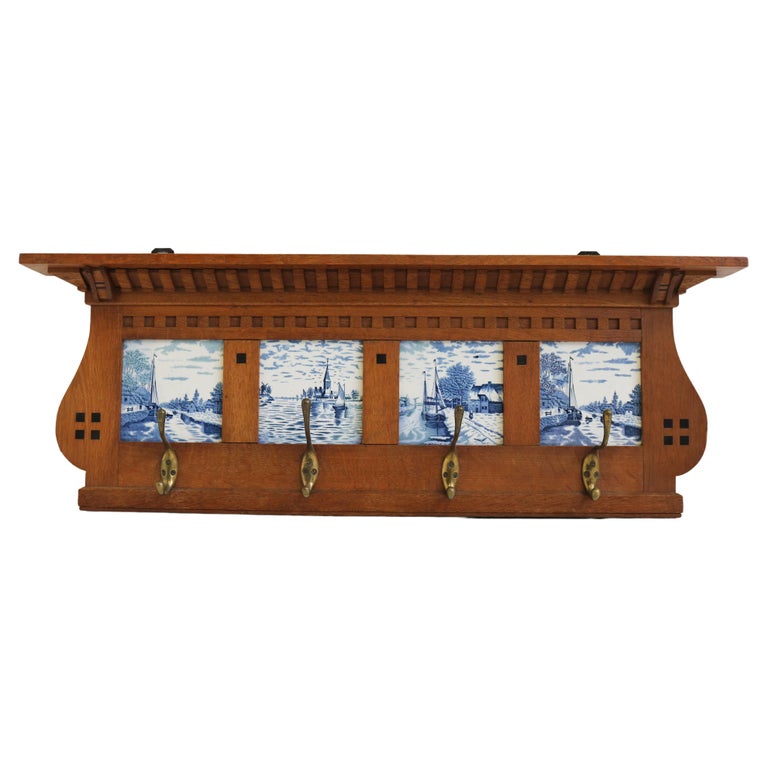Antique Dutch Art Deco Coat Rack / Hat Rack Delft Blue 1930 Oak ...
