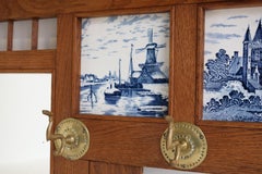 Antique Dutch Art Deco Coat Rack with Delft Blue Tiles & Mirror Oak 1920 Hat