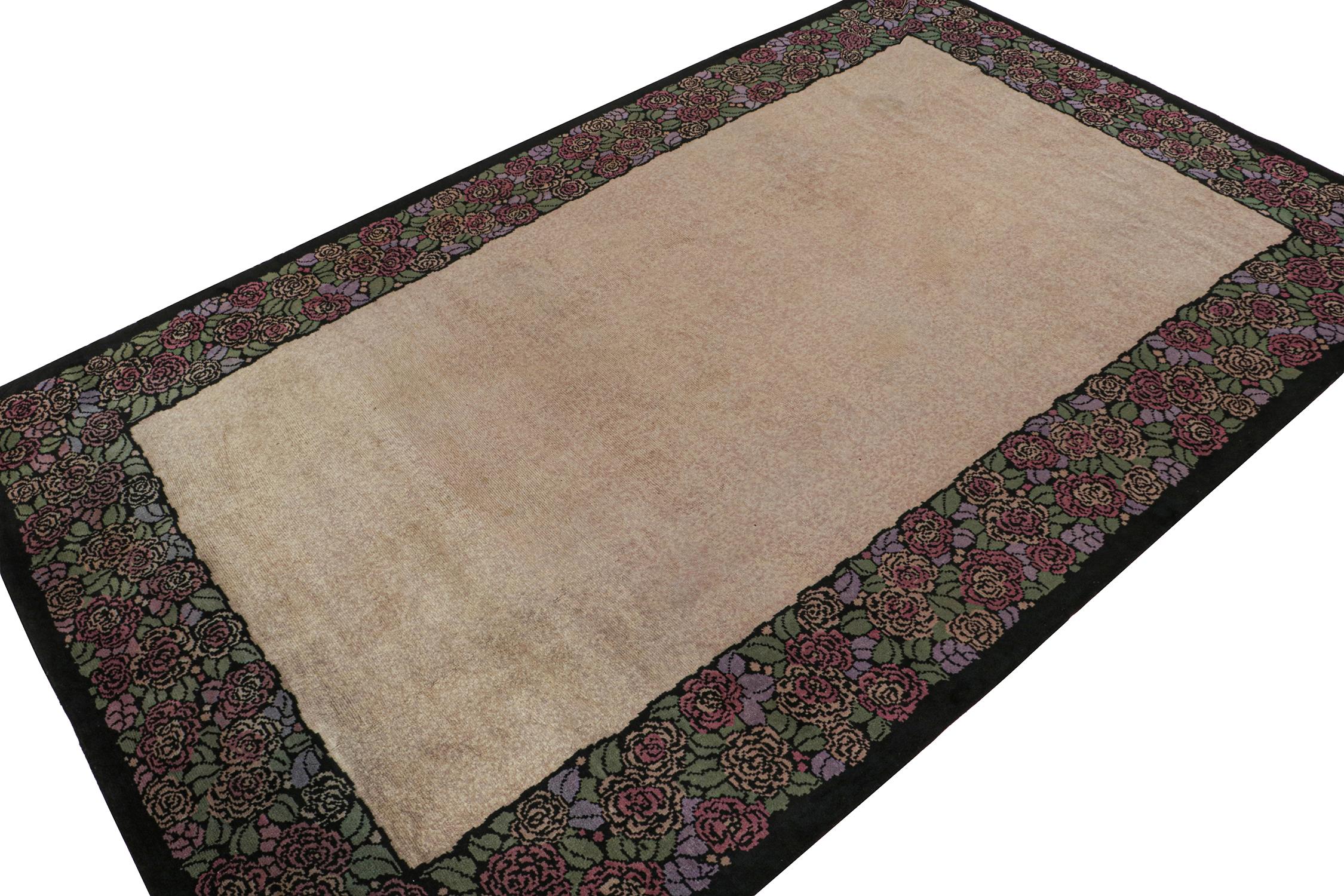 Hand-Knotted Antique Dutch Art Deco Rug in Beige Open Field with Floral Border by Rug & Kilim For Sale