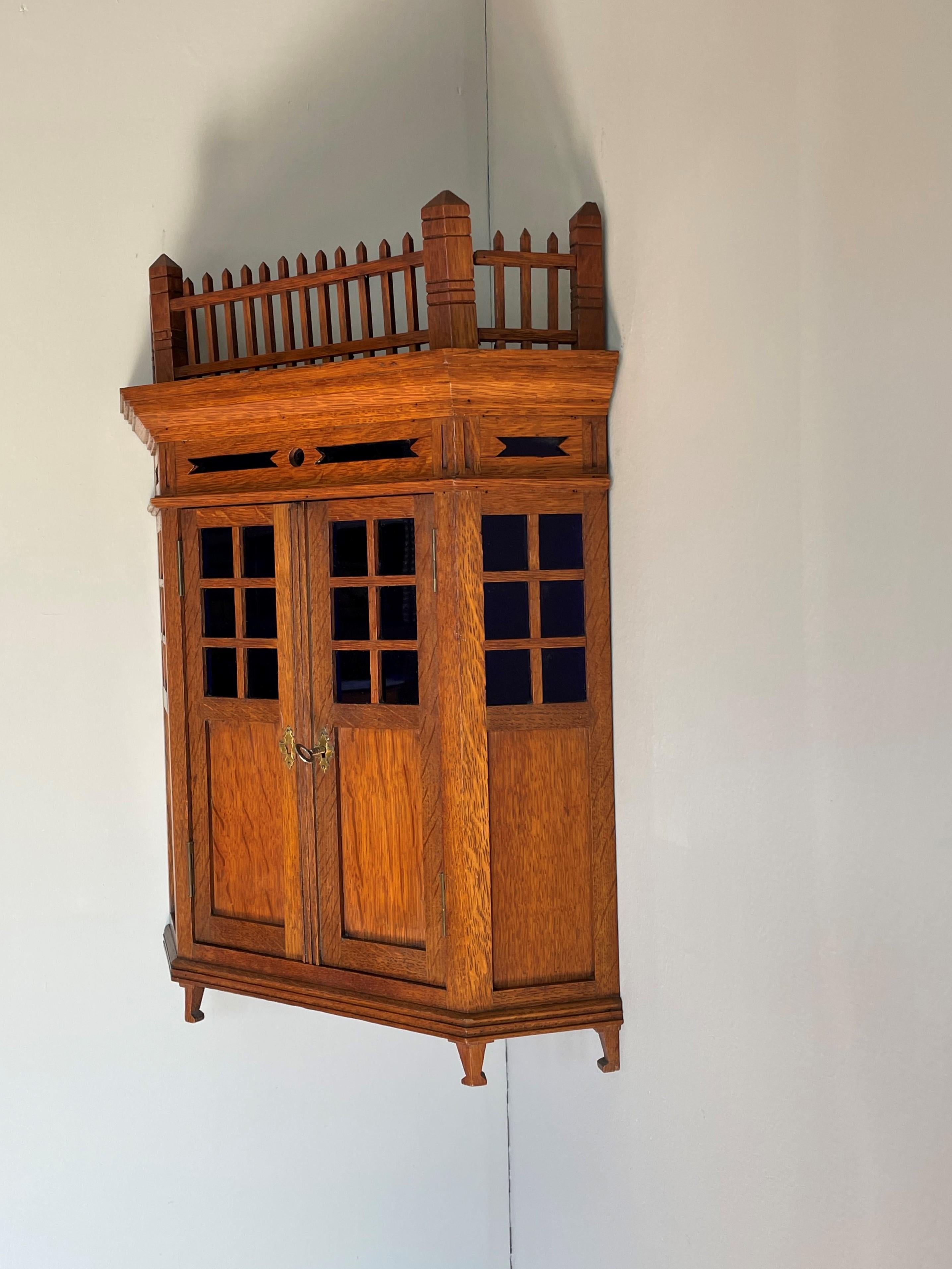 Antique Dutch Arts and Crafts Oak Miniature Wall Cabinet & Original Purple Glass 6