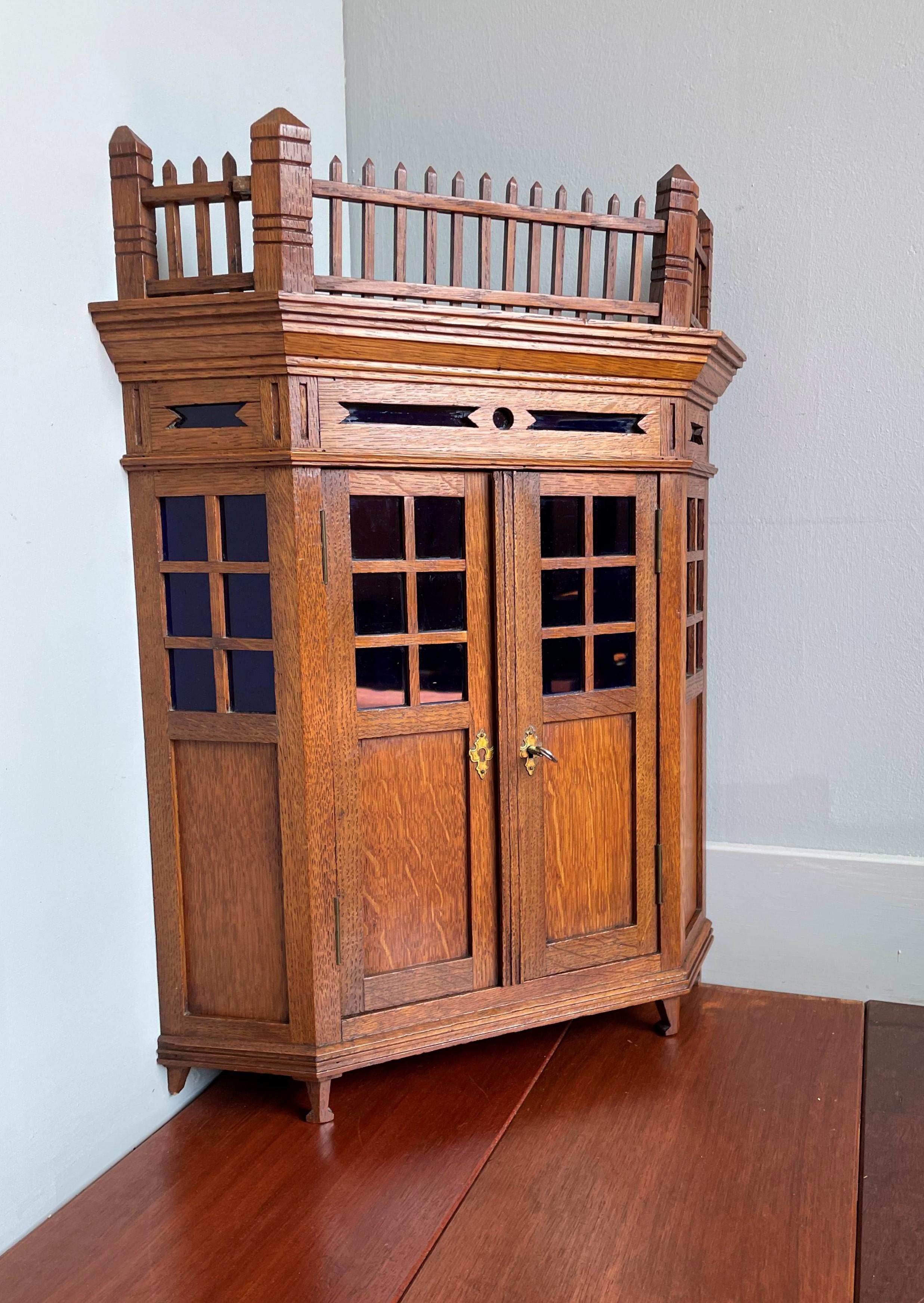 Antique Dutch Arts and Crafts Oak Miniature Wall Cabinet & Original Purple Glass 9