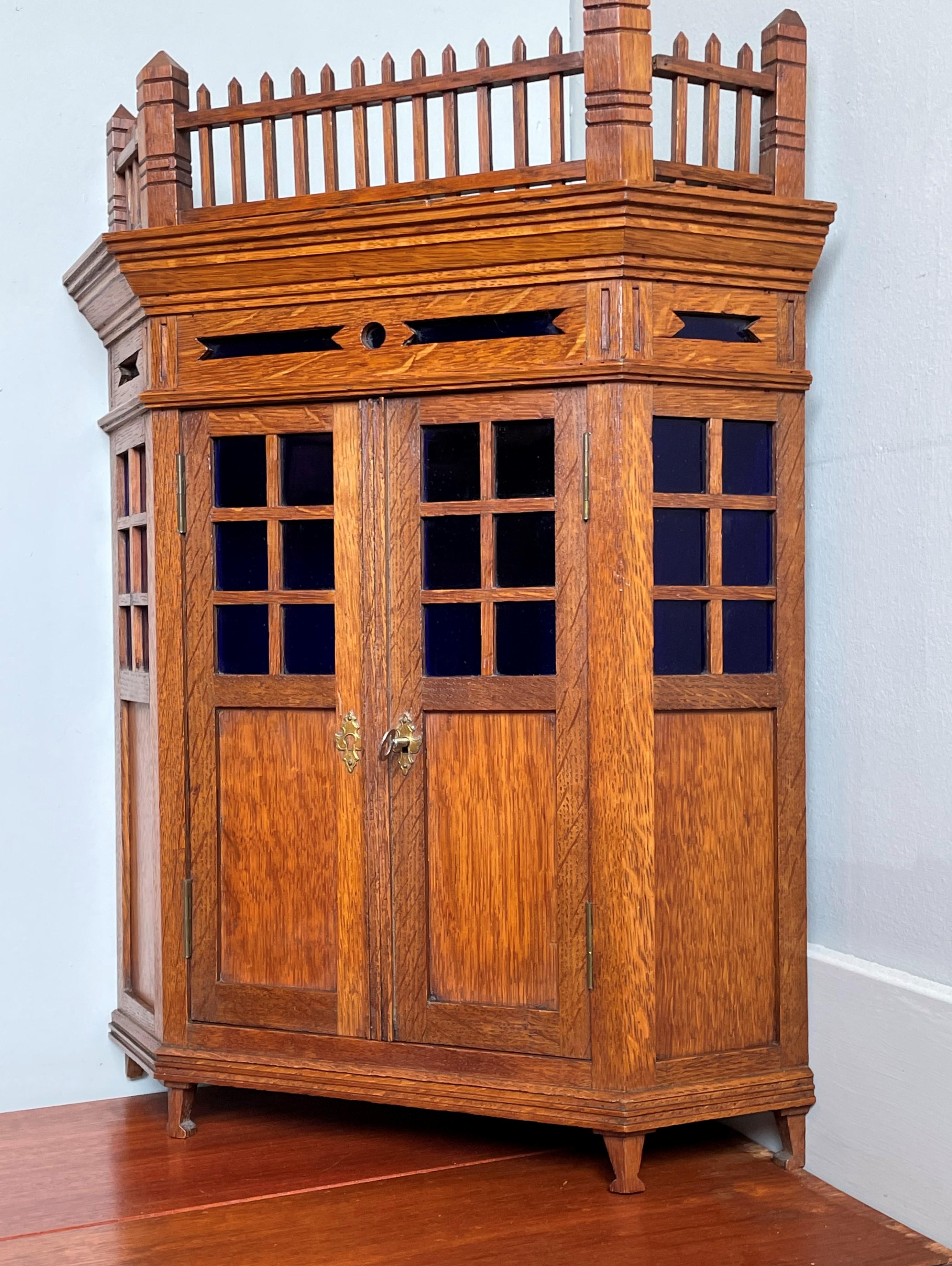 Antique Dutch Arts and Crafts Oak Miniature Wall Cabinet & Original Purple Glass 10