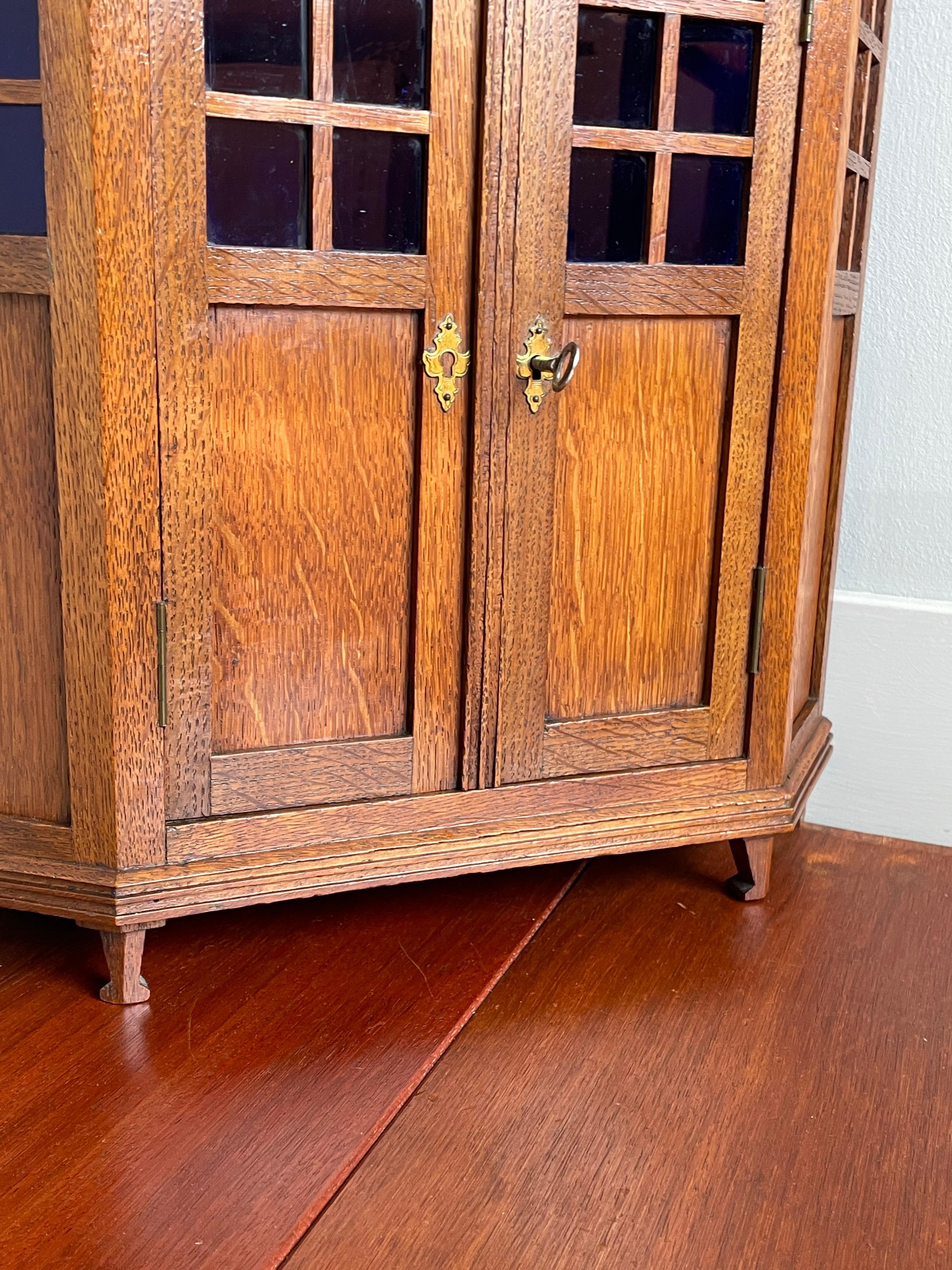 Antique Dutch Arts and Crafts Oak Miniature Wall Cabinet & Original Purple Glass 12