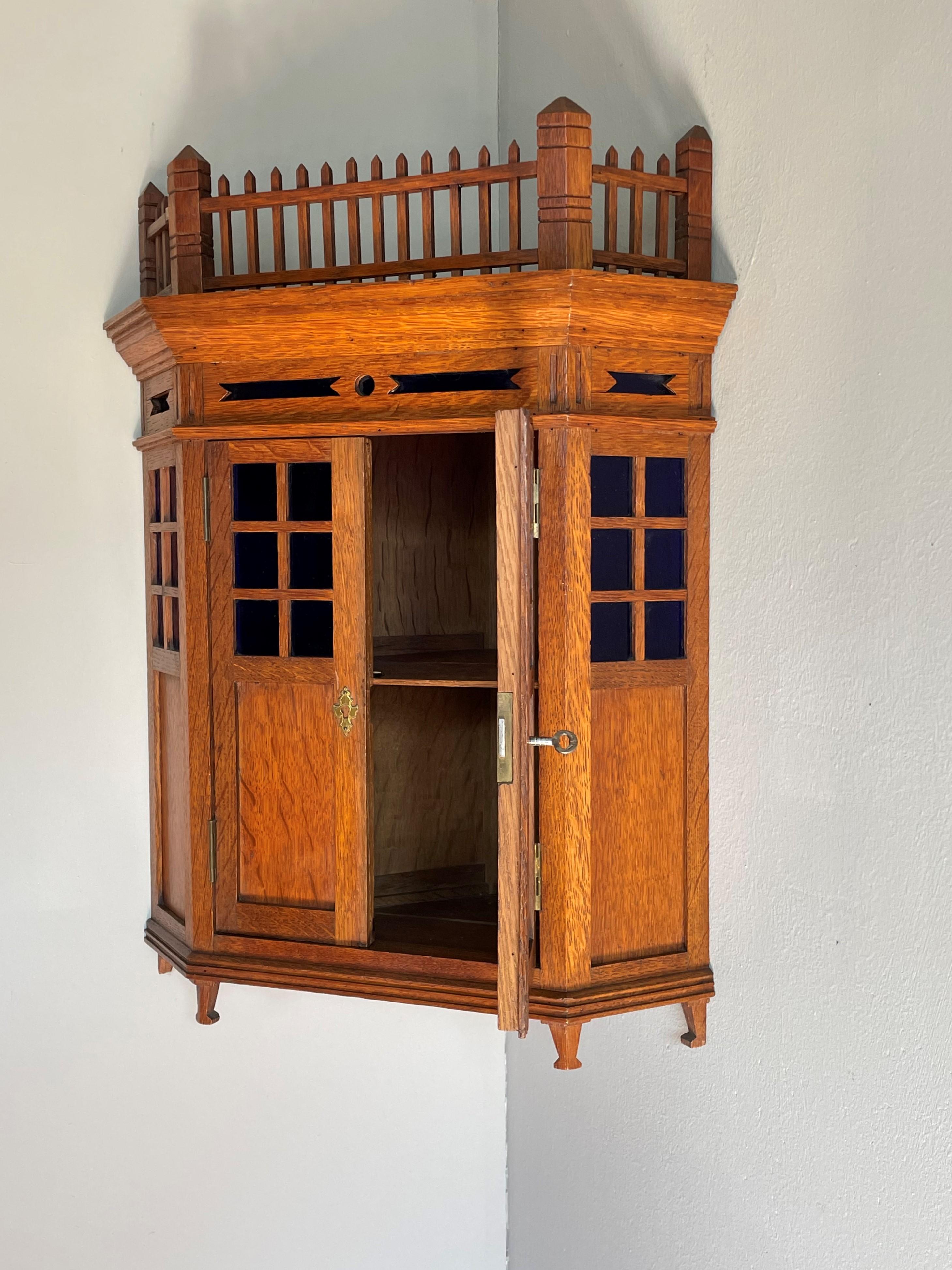 Hand-Crafted Antique Dutch Arts and Crafts Oak Miniature Wall Cabinet & Original Purple Glass