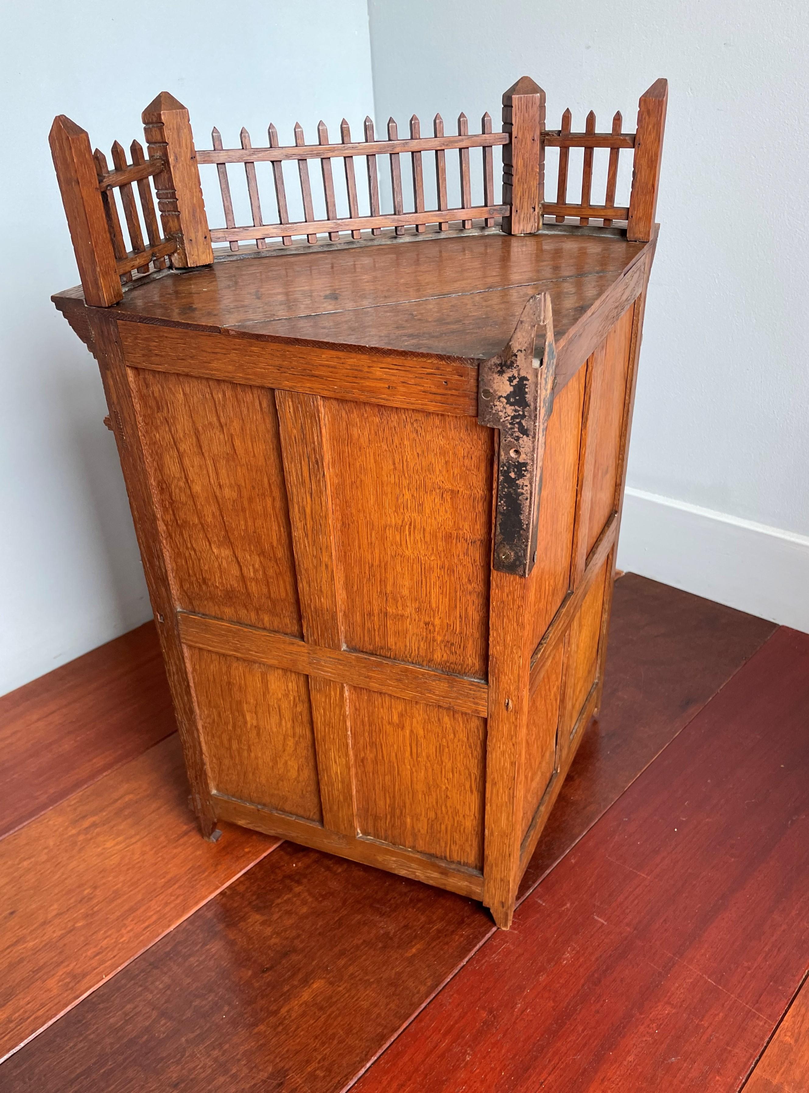 Antique Dutch Arts and Crafts Oak Miniature Wall Cabinet & Original Purple Glass 3