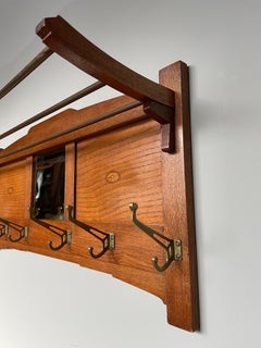 Antique Dutch Arts and Crafts Solid Oak and Brass Wall Coat Rack with Mirror