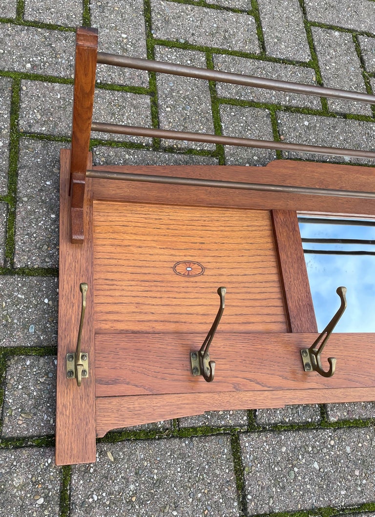 Antique Dutch Arts and Crafts Solid Oak and Brass Wall Coat Rack with Mirror For Sale 2