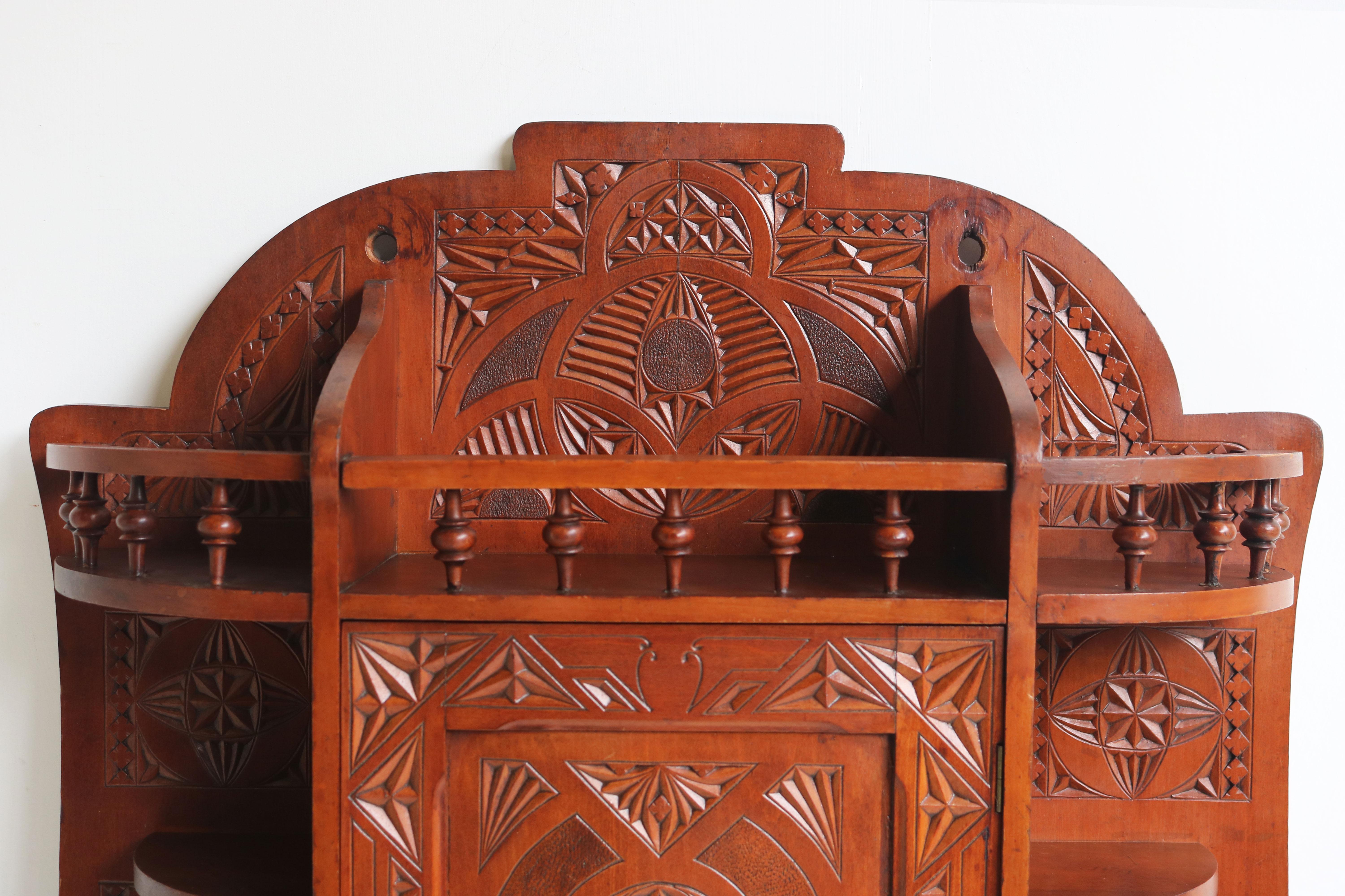 Arts and Crafts Antique Dutch Arts & Crafts chip carved wall cabinet 1910 Folk art wood carved For Sale