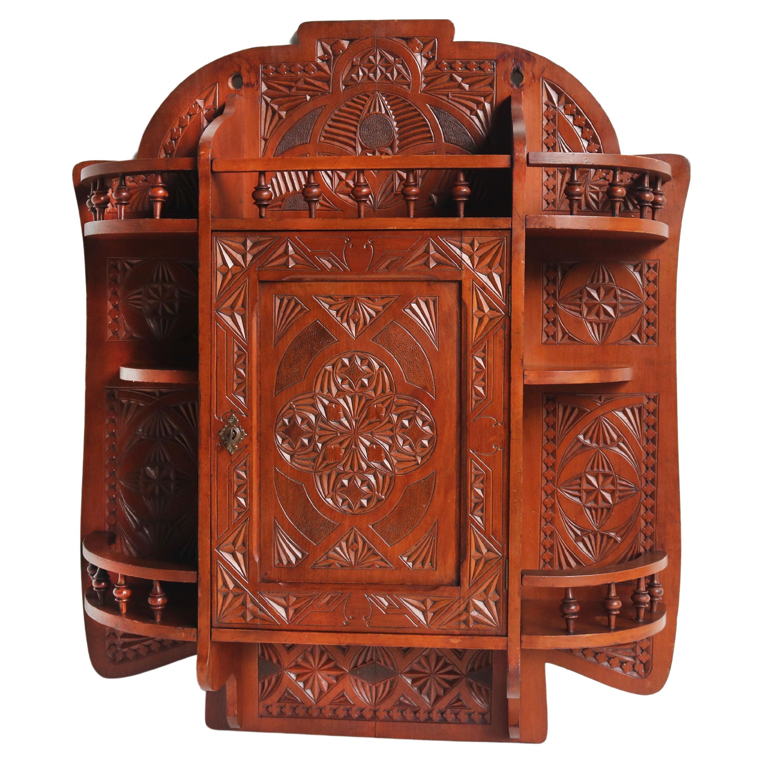 Antique Dutch Arts & Crafts chip carved wall cabinet 1910 Folk art wood carved