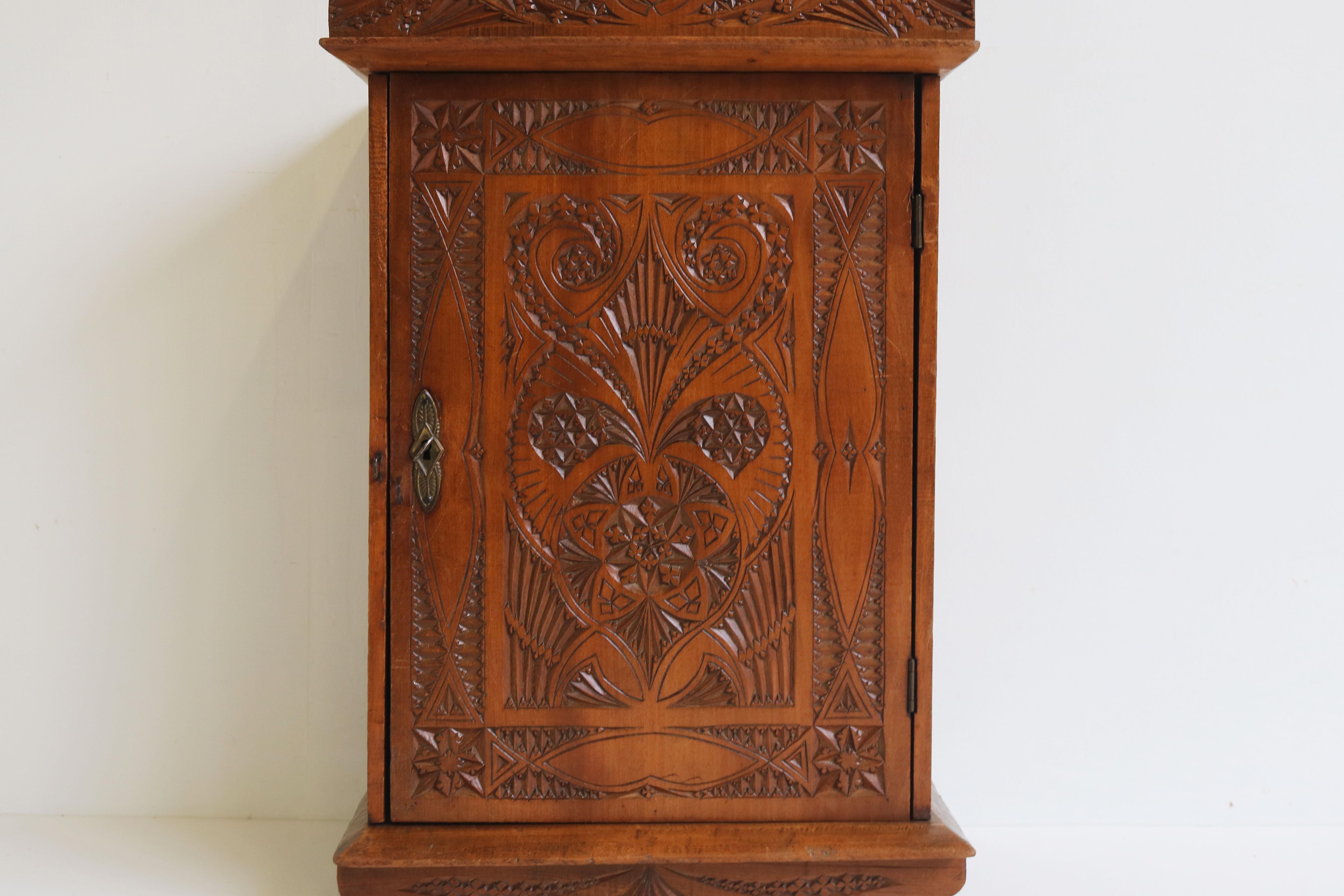 Arts and Crafts Antique Dutch Arts & Crafts chip carved wall cabinet with mirror 1910 Folk art  For Sale