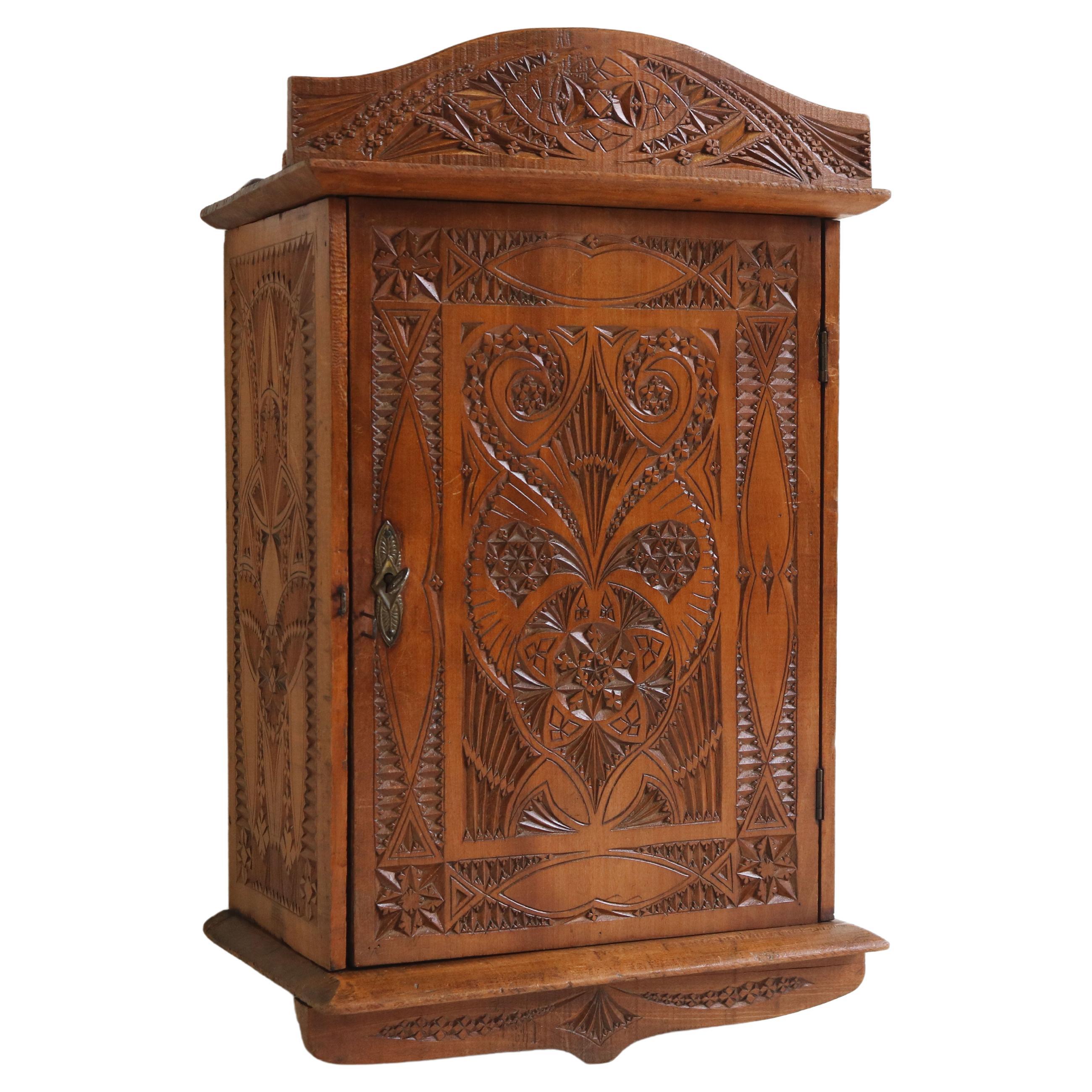 Antique Dutch Arts & Crafts chip carved wall cabinet with mirror 1910 Folk art  For Sale