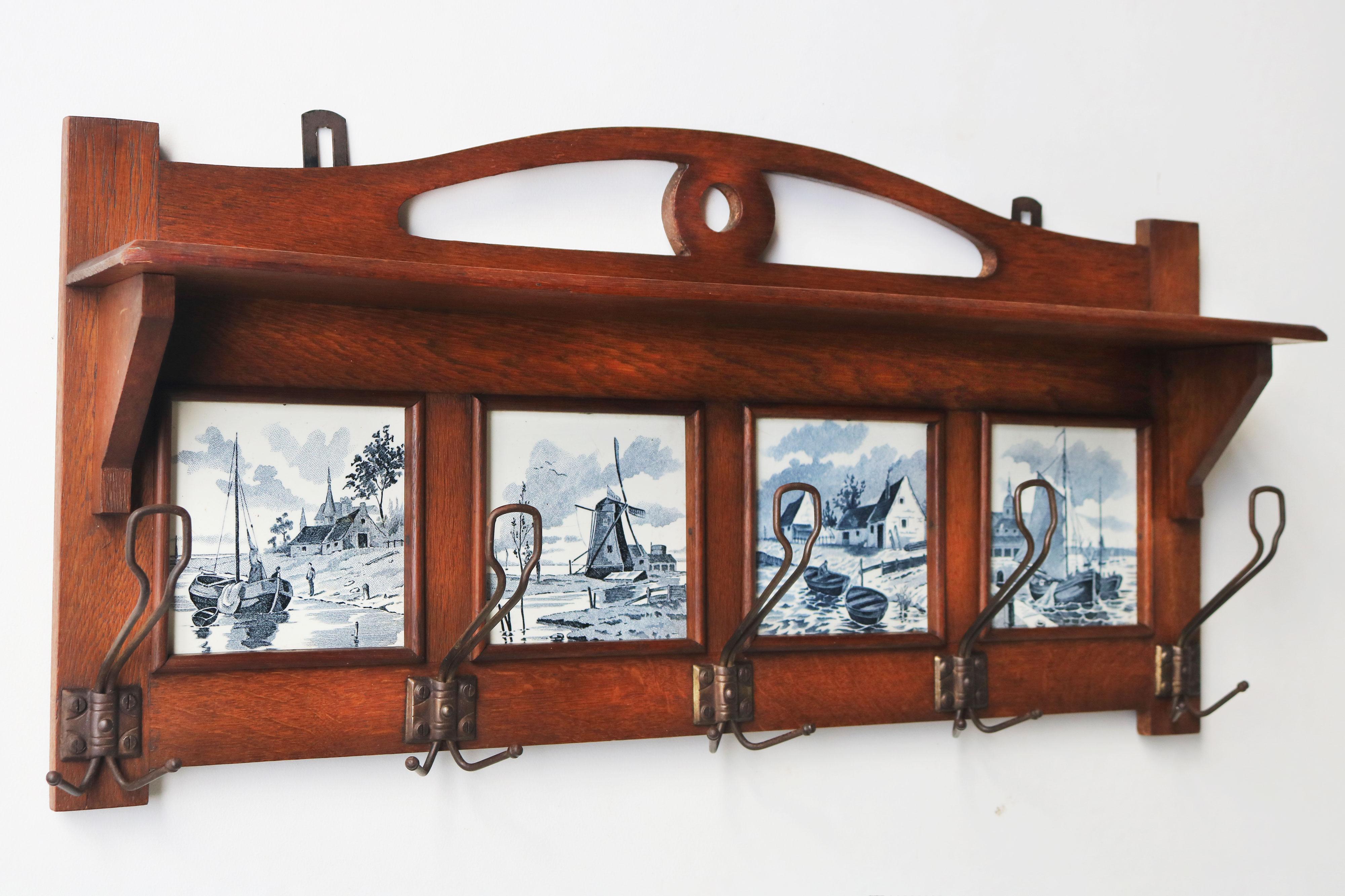 Antique Dutch Arts & Crafts coat rack 1920 solid Oak Delft blue tiles 3