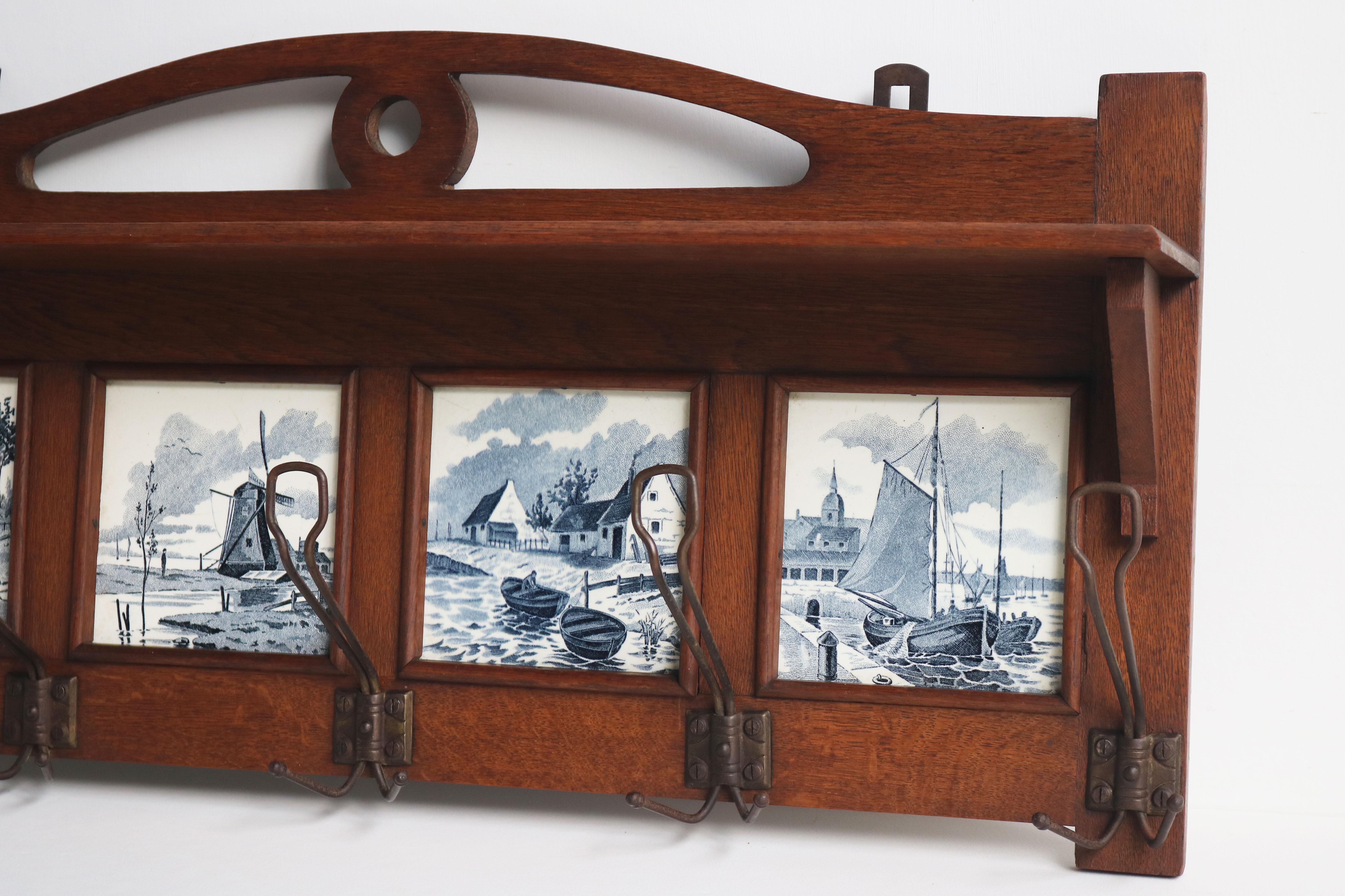Arts and Crafts Antique Dutch Arts & Crafts coat rack 1920 solid Oak Delft blue tiles