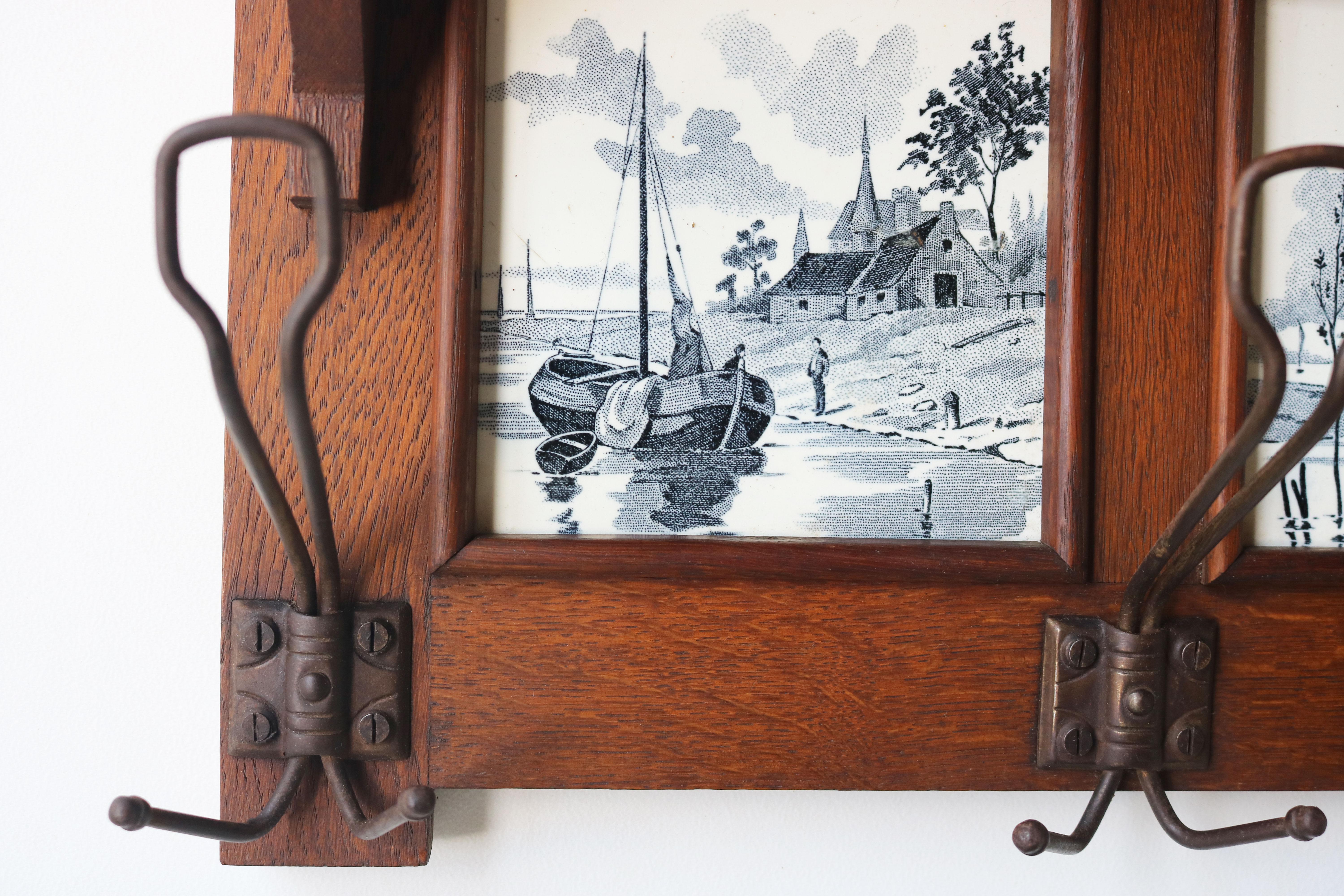 Early 20th Century Antique Dutch Arts & Crafts coat rack 1920 solid Oak Delft blue tiles