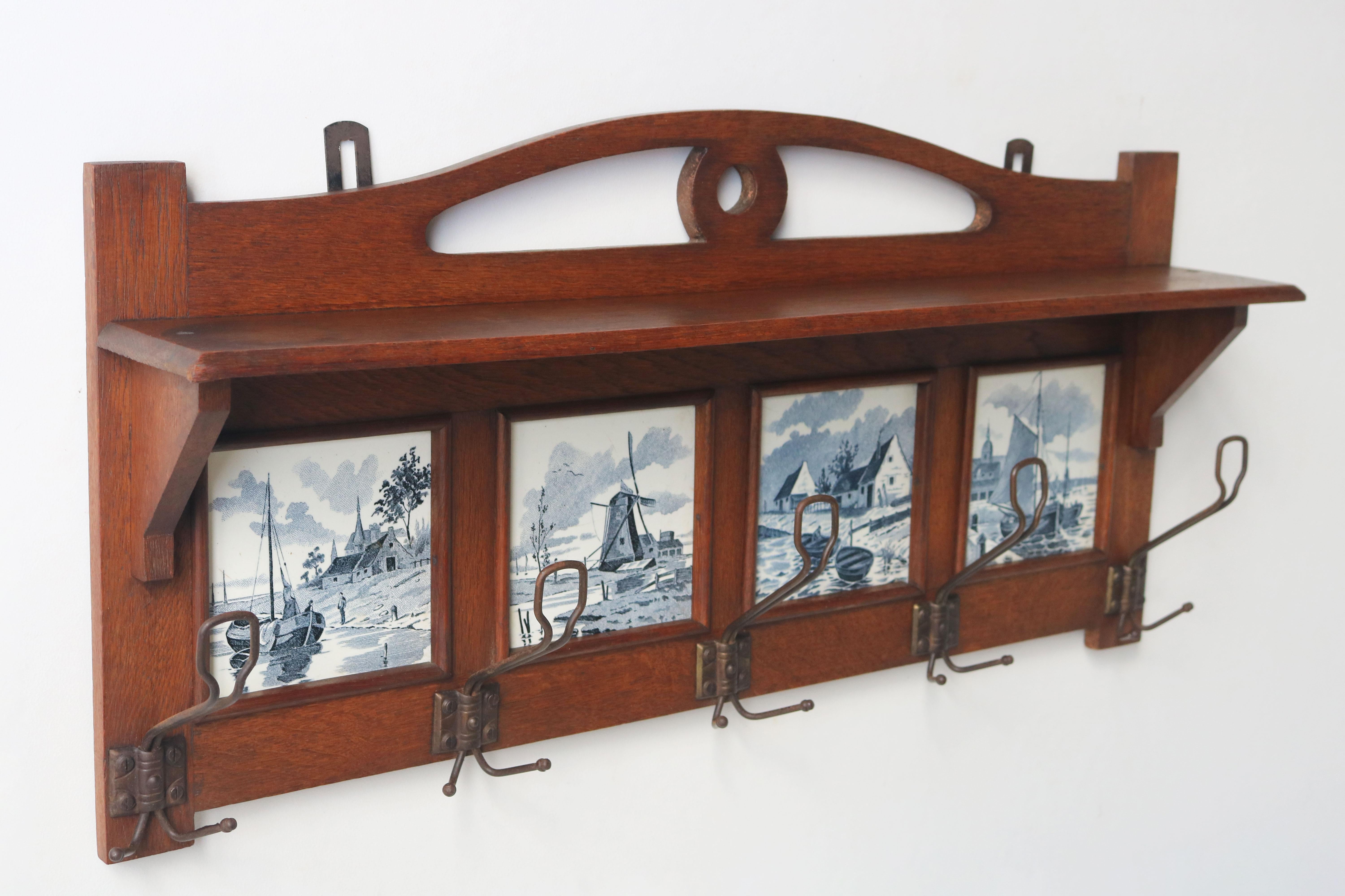 Antique Dutch Arts & Crafts coat rack 1920 solid Oak Delft blue tiles 2