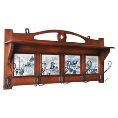 Antique Dutch Arts & Crafts coat rack 1920 solid Oak Delft blue tiles