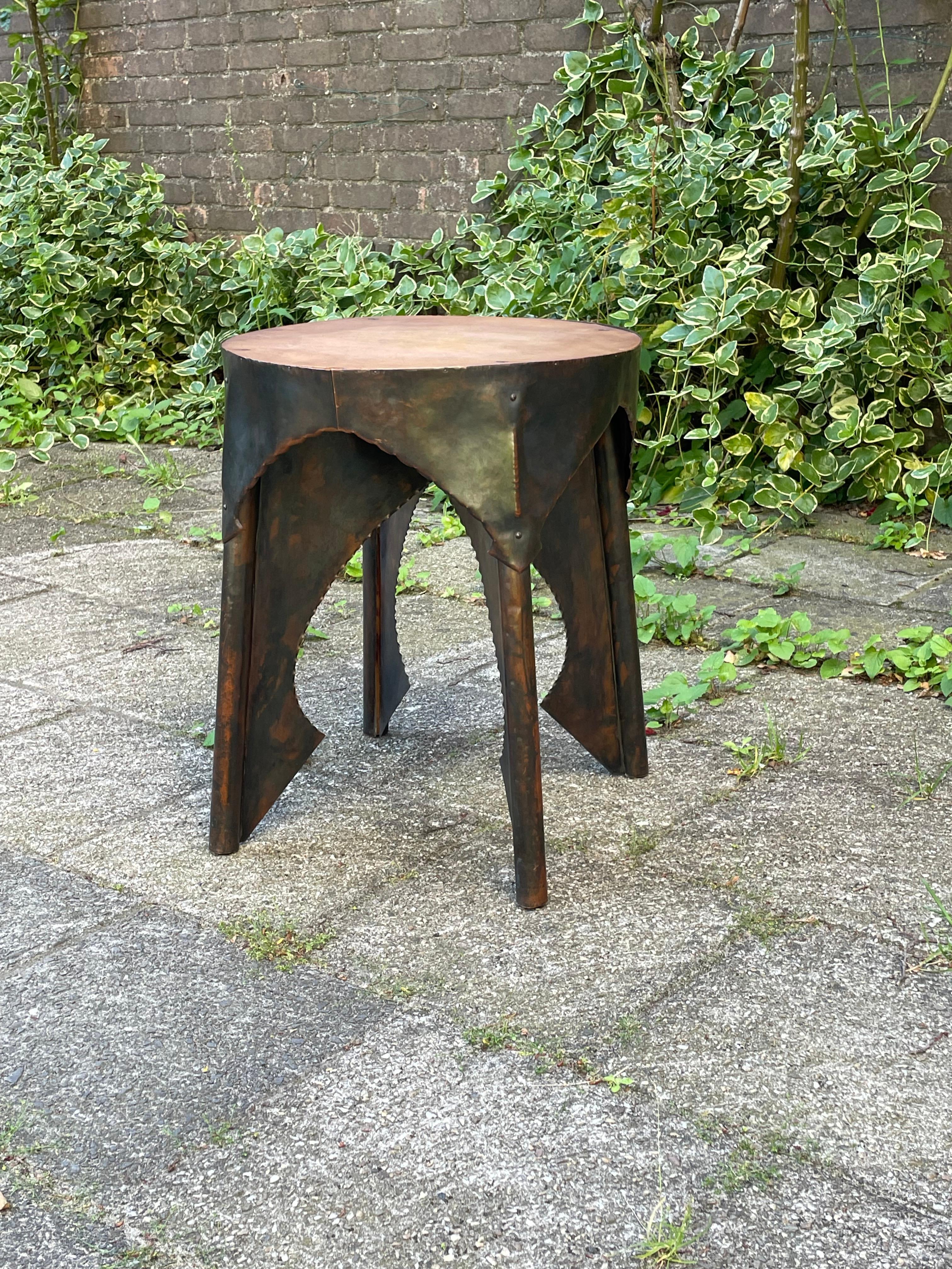 Hammered Antique Dutch Arts & Crafts Copper & Wooden End Table / Stand Conrad Fehn Attr.