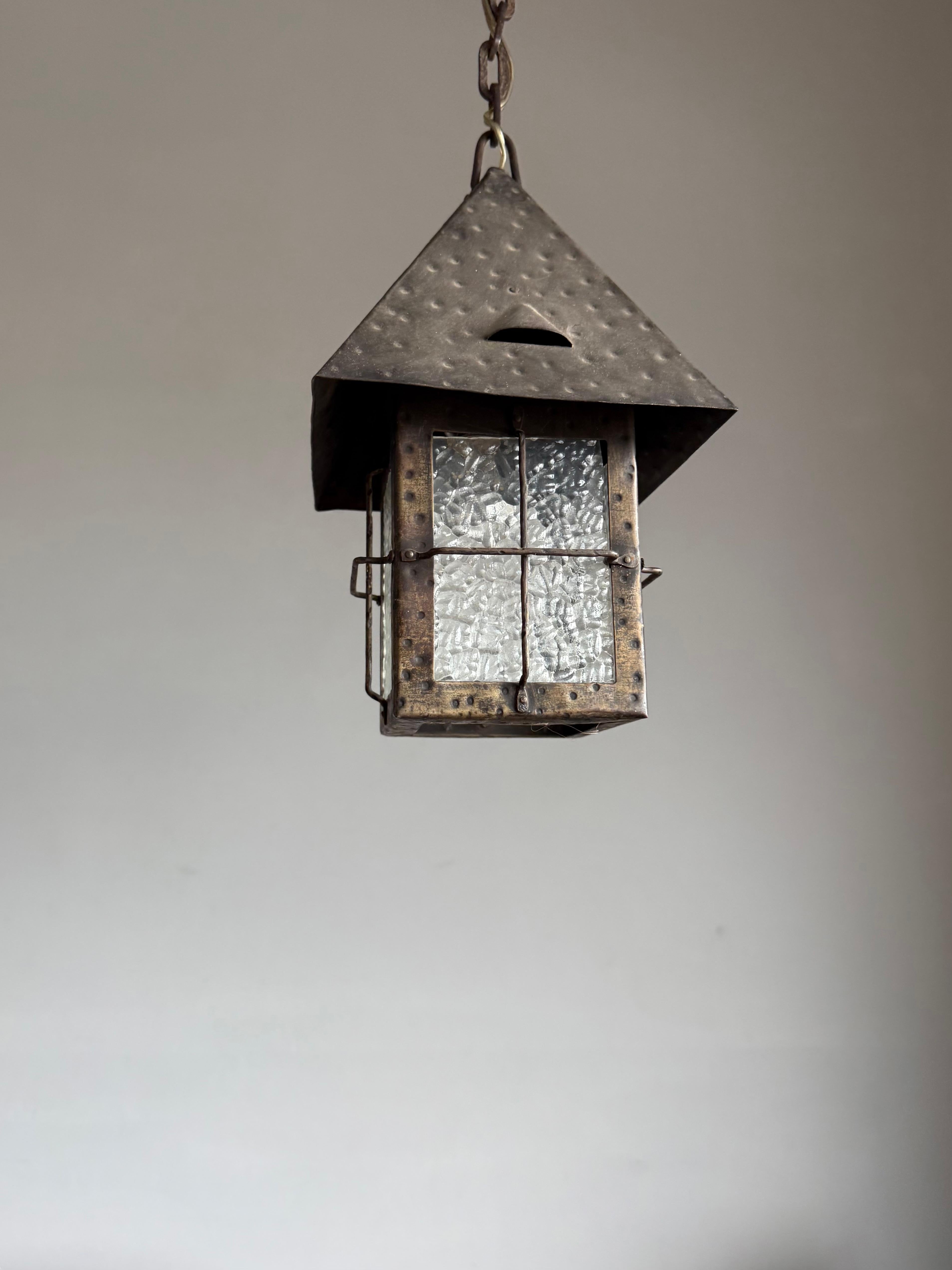 Antique Dutch Arts & Crafts Wrought Iron Pendant with Cathedral Glass, ca. 1910 For Sale 4