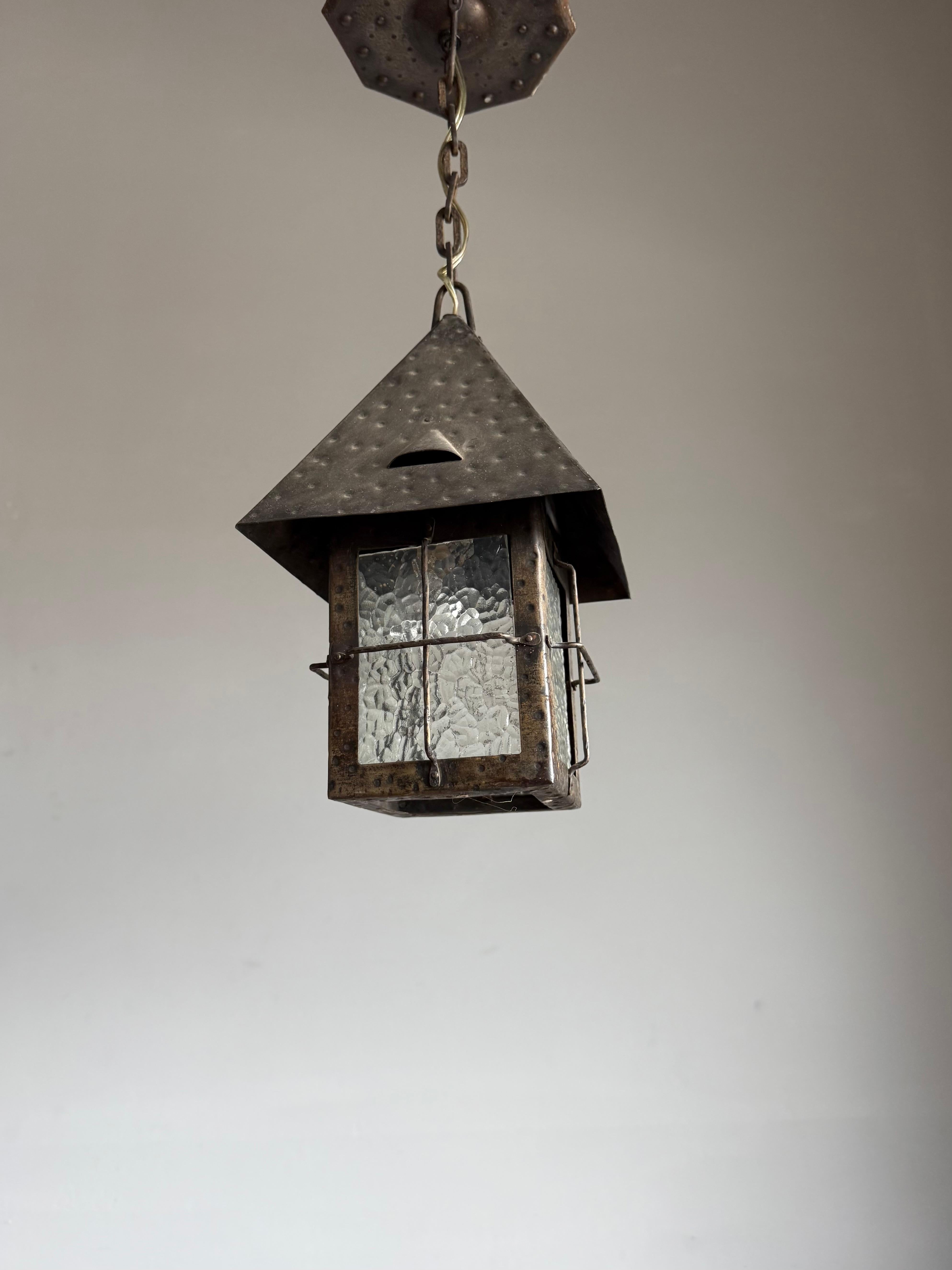 Antique Dutch Arts & Crafts Wrought Iron Pendant with Cathedral Glass, ca. 1910 For Sale 5