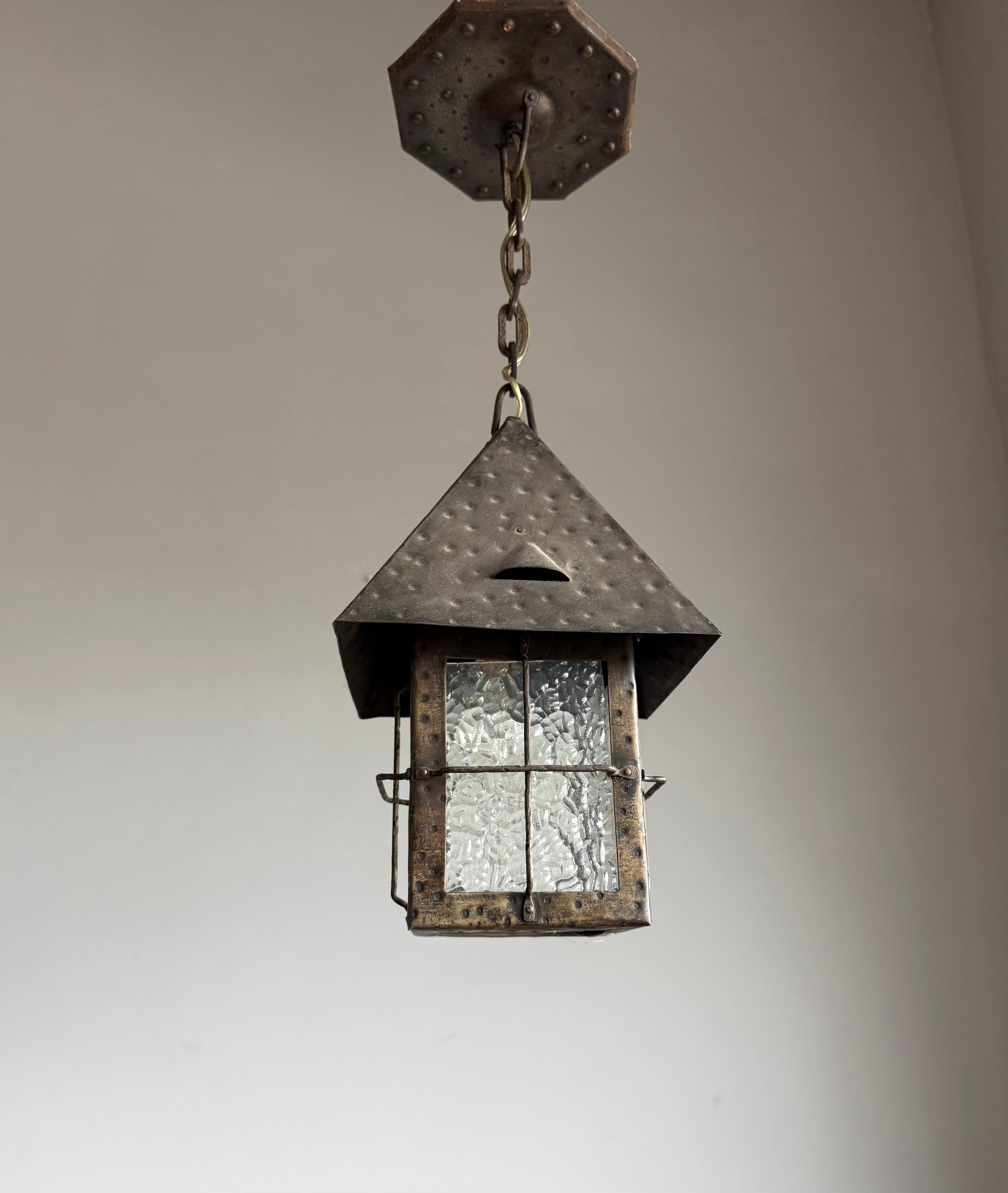 Antique Dutch Arts & Crafts Wrought Iron Pendant with Cathedral Glass, ca. 1910 For Sale 6