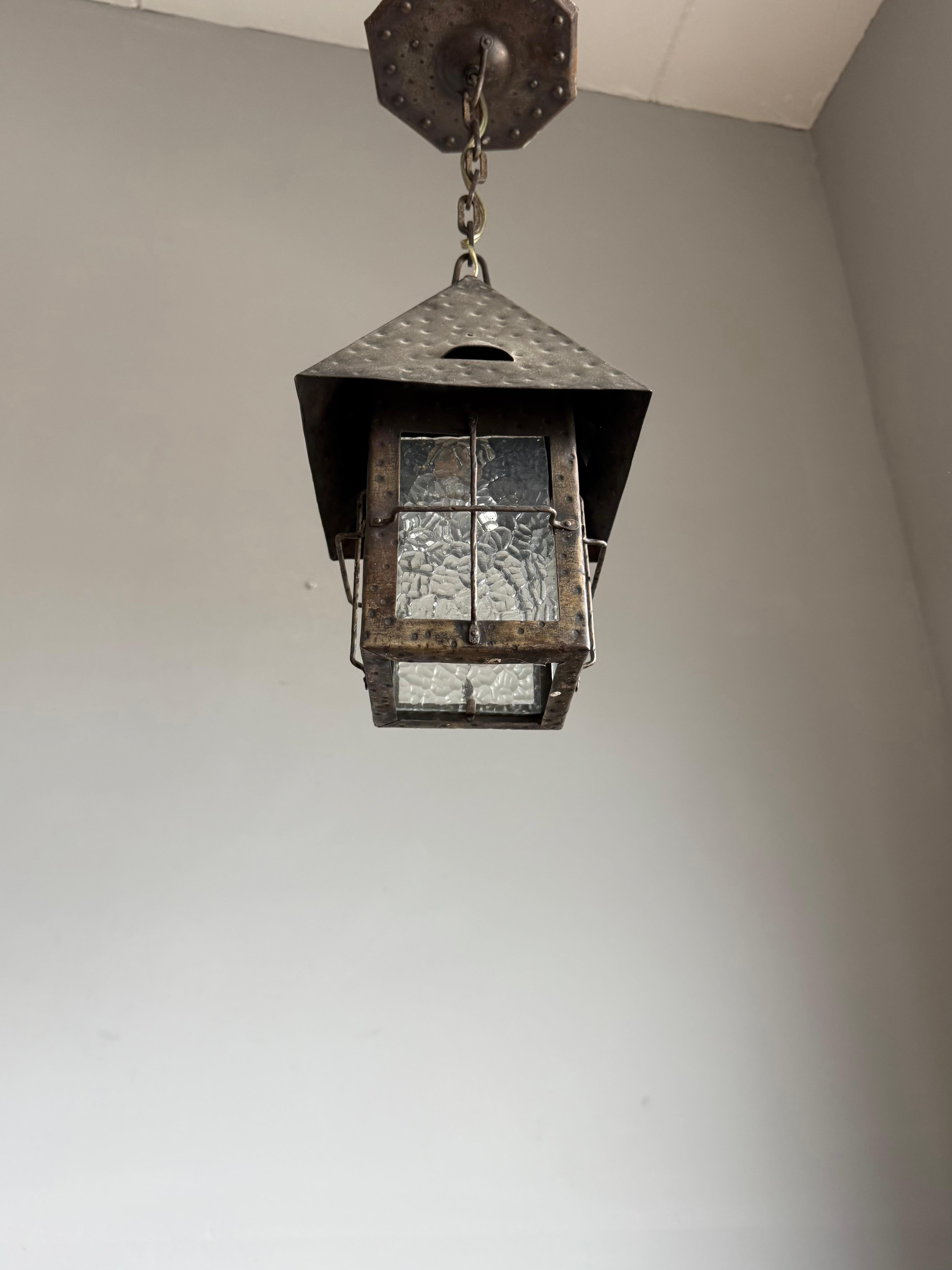 Antique Dutch Arts & Crafts Wrought Iron Pendant with Cathedral Glass, ca. 1910 For Sale 7