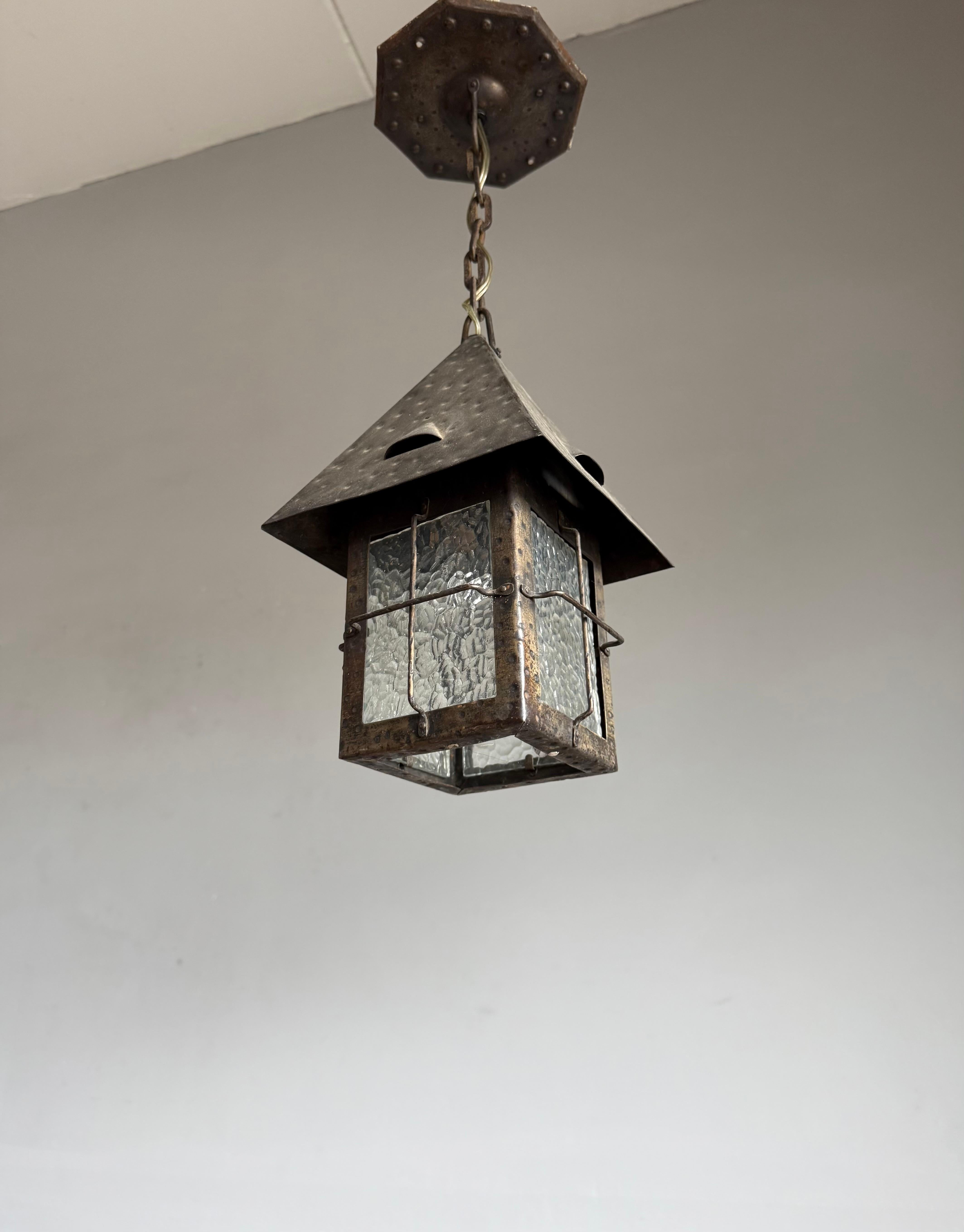 Antique Dutch Arts & Crafts Wrought Iron Pendant with Cathedral Glass, ca. 1910 For Sale 8