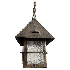 Antique Dutch Arts & Crafts Wrought Iron Pendant with Cathedral Glass, ca. 1910