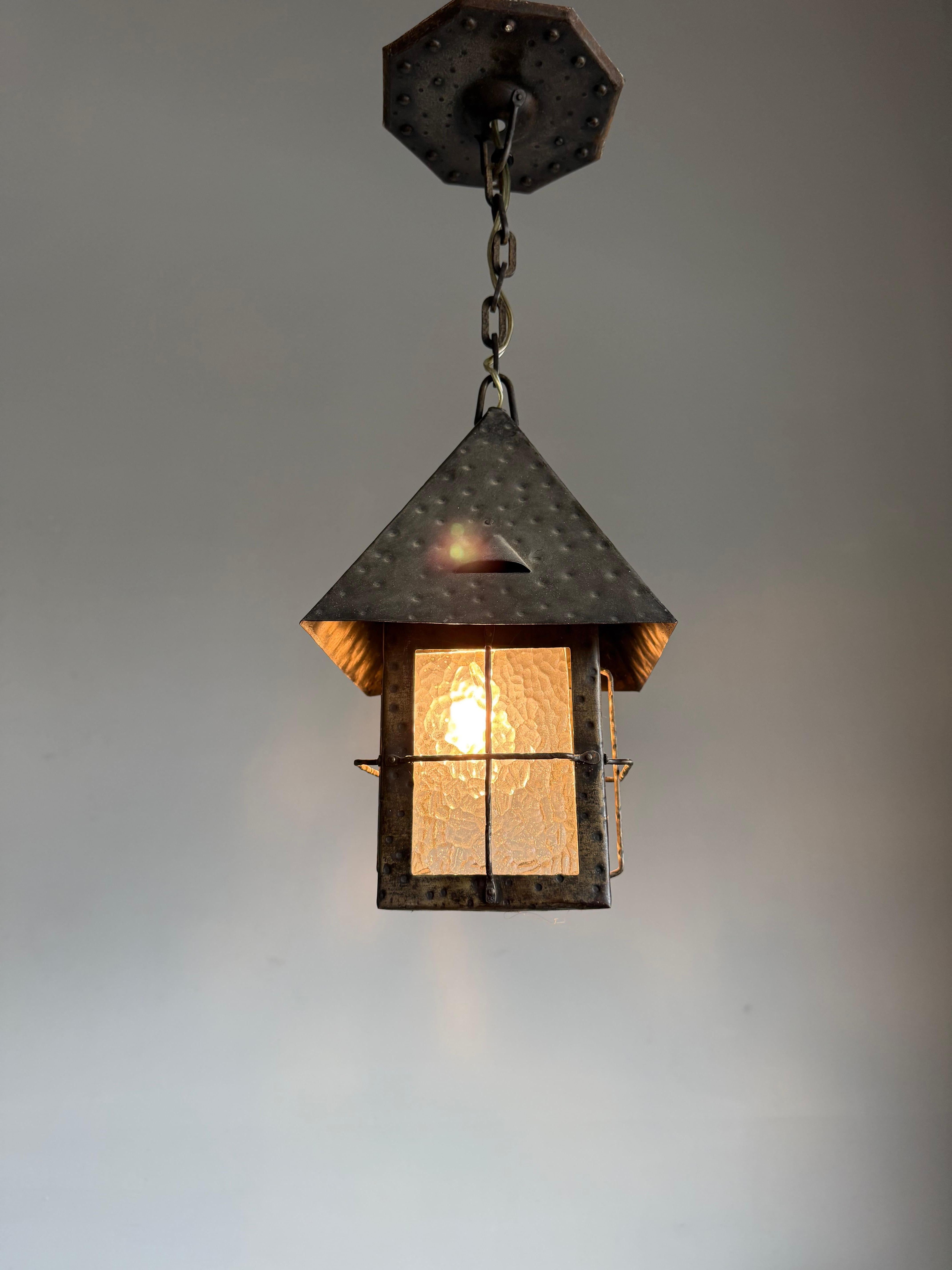 Antique Dutch Arts & Crafts Wrought Iron Pendant with Cathedral Glass, ca. 1910 For Sale 14