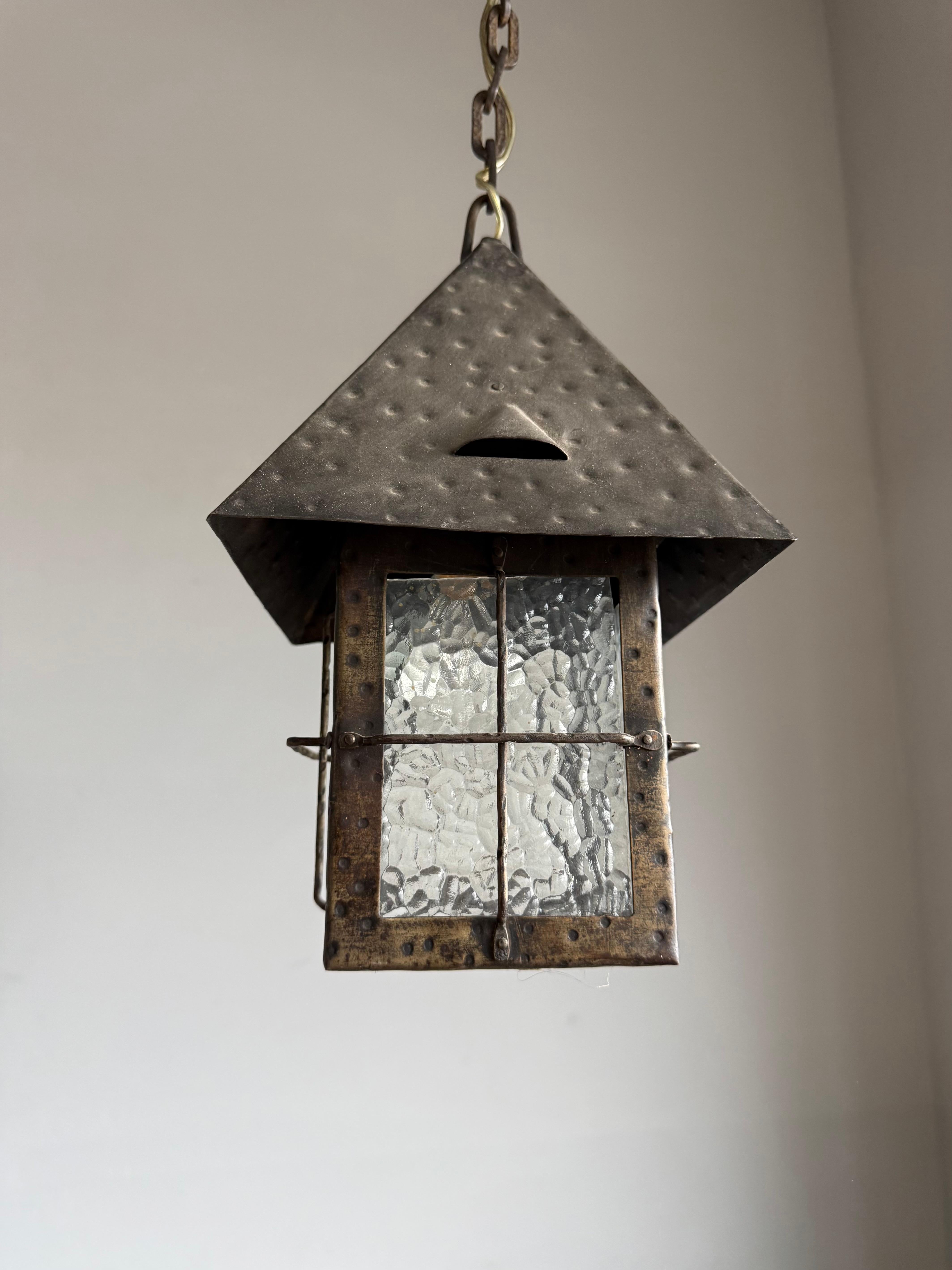 20th Century Antique Dutch Arts & Crafts Wrought Iron Pendant with Cathedral Glass, ca. 1910 For Sale